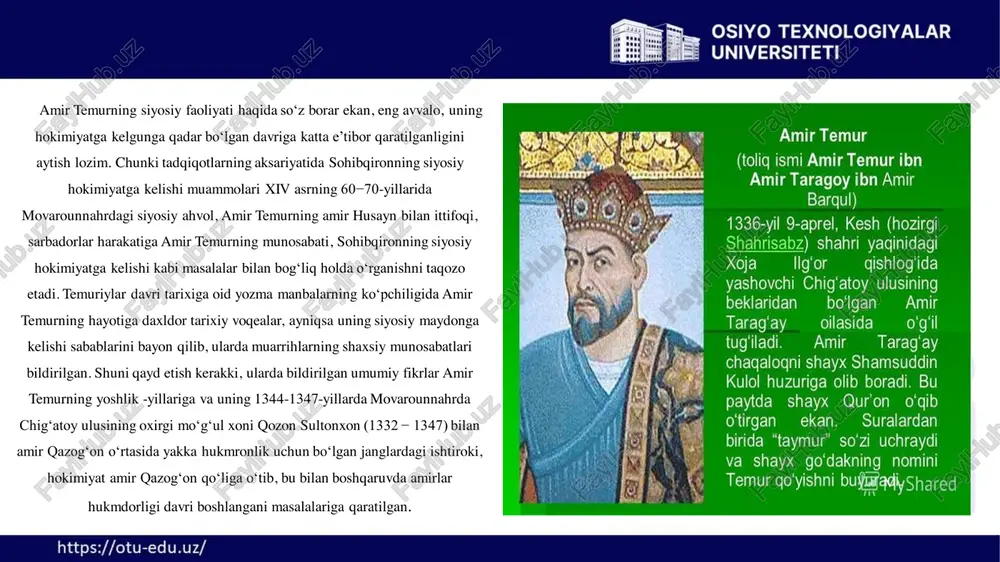 ‘g‘li amir abdullohga qarshi chiqib, samarqandga yurish qilgani va movarounnahrni o‘z tasarrufiga olib, chingiziy yasun temurxonning o‘g‘li temurshoh o‘g‘lonni (1358−1359) xon qilib ko‘targani ham ta’kidlangan. demak, davlatda amirlar boshqaruvi chog‘ida nomiga xon tayinlash an’anasi amir temurgacha ham bo‘lgan. nizomiddin shomiy bu haqda shunday yozadi: “amir bayon sulduz va amir hoji barlos mamlakatni va viloyatlarni o‘z tasarrufiga oldi. amir bayon mamlakatni boshqarish ishida g‘ofillikda sharobxo‘rlik va aysh−ishrat bilan mashg‘ul bo‘ldi… siyosat maqomiga kelganda sustlik va beparvolik qilardi. donishmandlar demishlarki: “mulk (podshohlik) siyosatsiz barqaror turmas va qilichsiz mustahkam bo‘lmas”. sharafiddin ali yazdiy “zafarnoma” sida ham shu mazmundagi so‘zlarni o‘qiymiz. natijada ular davrida o‘lkada tartibsizliklar boshlandi. barlos amirlari shaxrisabzni, jaloyirlardan amir boyazid xo‘jandni, amir qazog‘on xonadonidan bo‘lgan amir husayn balxni, naymonlardan bo‘lgan amir hamidxoja shibirg‘onni, amir shohmuhammad badaxshoniy ko‘histonni, amirlar kayxisrav va o‘ljoytu aperdi ittifoq bo‘lib xatlonni o‘ziga bo‘ysundirdilar. shunday bo‘linish oqibatida fitnafasodlar ko‘payib, mamlakatda tartibsizliklar boshlandi. bunday tartibsizliklardan foydalanib, movarounnahrga mo‘g‘ul xoni …