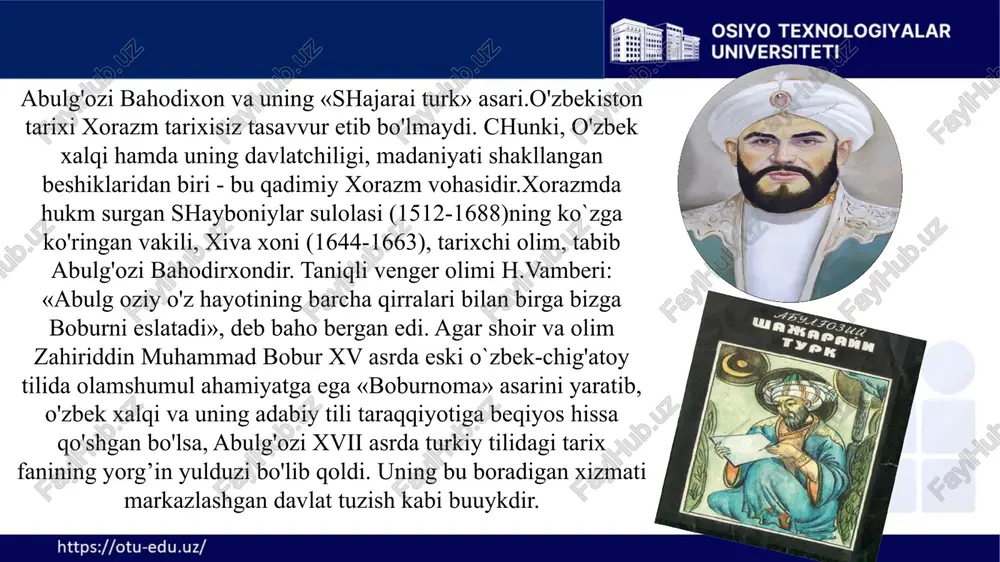 zish kabi buuykdir. 3.1 eftaliylar davlati tarixini o’rganilishi. turk hoqonligi davri tarixshunosligi. arablar bosqini va markaziy osiyo xalqlarining istilochilarga qarshi kurashi tarixshunosligi. o’zbekiston hududi ham eron, hindiston, mesopotamiya, yunoniston, rim, misr va xitoy singari mamlakatlar kabi ilk madaniyat uchoqlaridan hisoblanadi. lekin uning qadimiy madaniyati haqida ma’lumotlar juda kam saqlanib qolgan. biz yurtimizning faqat miloddan avvalgm vi asrlardan keyingi ijtimoiy-siyosiy hayoti haqida ma’lum darajada yozma ma’lumotlarga egamiz. eron, hindiston va ayniqsa, qadimgi yunoniston va rim manbalarida saqlangan ma’lumotlarga qaraganda, qadim zamonlarda hozirgi o’zbekiston hududida istiqomat qilgan saklar, massagetlar va boshqa qabilalar urug’chilik tuzumini boshdan kechirganlar, chorvachilik, qisman dehqonchilik hamda hunarmandchilik bilan shug’ullanganlar. bir necha tilni mukammal bilgan abulg'ozi o'sha davr udumlariga ko'ra arab, fors tillarida emas, turkiy tilda ijod qildi. «bu tarixni yaxshi va yomon barchalar bilsun» deb turkiy til birlan aytdim. turkiyni ham andoq aytubmanki, bet yoshar o'g'lon tushunur». uning ana shunday asarlaridan biri « , shuningdek, , manzumasining nasriy …