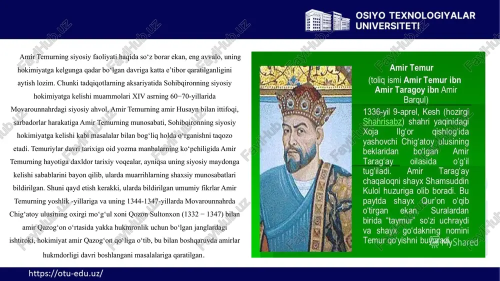amir abdullohga qarshi chiqib, samarqandga yurish qilgani va movarounnahrni o‘z tasarrufiga olib, chingiziy yasun temurxonning o‘g‘li temurshoh o‘g‘lonni (1358−1359) xon qilib ko‘targani ham ta’kidlangan. demak, davlatda amirlar boshqaruvi chog‘ida nomiga xon tayinlash an’anasi amir temurgacha ham bo‘lgan. 3 nizomiddin shomiy bu haqda shunday yozadi: “amir bayon sulduz va amir hoji barlos mamlakatni va viloyatlarni o‘z tasarrufiga oldi. amir bayon mamlakatni boshqarish ishida g‘ofillikda sharobxo‘rlik va aysh−ishrat bilan mashg‘ul bo‘ldi… siyosat maqomiga kelganda sustlik va beparvolik qilardi. donishmandlar demishlarki: “mulk (podshohlik) siyosatsiz barqaror turmas va qilichsiz mustahkam bo‘lmas”. sharafiddin ali yazdiy “zafarnoma” sida ham shu mazmundagi so‘zlarni o‘qiymiz. natijada ular davrida o‘lkada tartibsizliklar boshlandi. barlos amirlari shaxrisabzni, jaloyirlardan amir boyazid xo‘jandni, amir qazog‘on xonadonidan bo‘lgan amir husayn balxni, naymonlardan bo‘lgan amir hamidxoja shibirg‘onni, amir shohmuhammad badaxshoniy ko‘histonni, amirlar kayxisrav va o‘ljoytu aperdi ittifoq bo‘lib xatlonni o‘ziga bo‘ysundirdilar. shunday bo‘linish oqibatida fitnafasodlar ko‘payib, mamlakatda tartibsizliklar boshlandi. bunday tartibsizliklardan foydalanib, movarounnahrga mo‘g‘ul xoni …