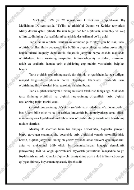 h avlod ta`lim-tarbiyasiga qo`ygan ijtimoiy buyurtmaning asosiy ijrochisidir o`qitish uslublari tizimiga asos qilib olingan bilim manbalarida o`qituvchining jonli so`zi, nutqi asosiy rol o`ynaydi. o`qituvchining jonli nutqi o`quvchilarning ko`z o`ngida tarixiy o`tmish va hozirgi ijtimoiy hayotning yorqin manzarasini, xalq ommasining mehnati va qudratini, kishilarning yorqin obrazlarini gavdalantiradi. o`qituvchining jonli nutqi puxta bilim va malaka manbai bo`lishi bilan birga juda katta tarbiyalovchi kuchga ega. o`qituvchining nutqida mantiq, intonatsiya, urg`uning kuchi, dalillarining jonli va ishonarli bo`lishi o`quvchilarning ongiga, his tuyg`ulariga kuchli ta`sir ko`rsatadi. ularni fikrlashga o`rgatadi, ma`lum xulosalarga olib keladi, tarixiy jarayonning qonuniyatlarini to`g`ri tushunishga yordam beradi. nutq madaniyati: 1. nutqning grammatik jihatdan to`g`riligi 2. so`z boyligi 3. nutqning ifodaliligi va xis-tuyg`u bilan sug`orilganligi 4. nutq texnikasi: · nutqning jarangdorligi, masofasi; · talaffuzning va jvjzning mayinligi; · ovoz kuchining to`g`ri tanlanishi; · nutq tezligining to`g`ri tanlanganligi; · nutqning talaffuz tarsi, so`zlarning aniq, ravshan aytilishi; · nutq gigienasiga rioya qilinishi va sh.k. [15] o`qituvchining …