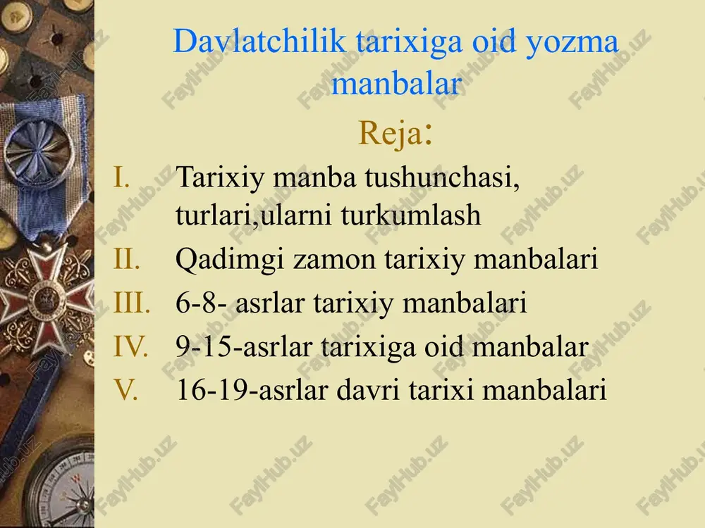 topilgan.persepoldan 5 km masofada,uning shimol tarafida husaynkux qoyalarida axamoniylardan doro1,ksereks1( m.a. 486-465y),artaksereks 1 (m.a.465-424y)hamda doro 2 (m.a.424-404y)larning maqbaralarini hamda ularga kiraverishda o’yib yozilgan katibalar bor.bu yozuv tarixda naqshi rustam deb ataladi. obrazets teksta vtoroy uroven tretiy uroven chetvertiy uroven pyatiy uroven behistun yozuvi yodgorliklar orasida eng muximlaridan biri mashxur behistun yozuvidir.bu yozuvlar (uzunligi 22m,umumiy balandligi 7,8 m)shimoliy eronda,kirmonshoxdan 30 km masofada,dara bo’ylab o’tgan qadimgi karvon yo’li yoqasida,uning chap tarafida,zagros nomli tik qoyaga 9taxminan 105 metrbalandlikda)doro 1 ning amri bilan yozdirilgan g’alaba yodgorligidir. “avesto”eng qadimgi tarixiy manba zoroastrizm dining (m.a.6-milodning 6-asri)dining muqaddas kitobi.bir gurux olimlar “avesto’ midiyada yozilgan desalar,ko’pchilik amudaryo bo’yida joylashgan viloyatlarda,balx bilan xorazm oralig’ida yaratilgan, deb hisoblaydilar. avesto 4 qismdan : (yasna,yashtov,vispa-rad,vendidad)iborat. uning kopengagenda saqlanayotgan yagona nusxasi asosida tayyorlangan fotomatni 1937-1944-yillari oltin jild qilib nashr qilingan “xvaday namak”qad eronning 627-yilgacha bo’lgan ijtimoiy-siyosiy hayotidan baxs etuvchi tarixiy asar bo’lib,paxlaviy tilida yozilgan.sar ayniqsa axamoniylar,ashkoniylar va sosoniylar tarixi bo’yicha muxim manbalardandir. “matakdani …