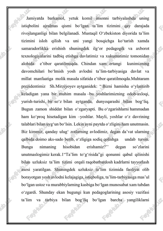 oshirishdan iborat. xozirgi kunda ta’lim tizimida innovatsion pedagogik va axborot texnologiyalarni joriy etishga e’tibor yanada ortib borayotgan bir vaqtda ta’lim mazmunini va sifatini takomillashtirishni bugungi kunda yangi pedagogik innovatsiya yo‘nalishisiz tasavvur etib bo‘lmaydi2. jumladan o‘zbekiston va jahon tarixi fanini o‘qitishda ham zamonaviy ta’lim vositalari, interfaol uslublar, innovatsion texnologiyalarning o‘rni va axamiyati beqiyosdir. ma’lumkita’lim vositalari –tarix bilimlari manbaihisoblanadi o‘rta maxsus ta’lim tizimida tarix o‘qitishda qo‘llaniladigan ta’lim vositalarining birlamchisi darslik hisoblanadi. darslik bevosita darslik asosiy matn va qo‘shimcha komponentlardan tashkil topadi. ta’lim vositasi sifatida darslik o‘quvchilar o‘zlashtirishi lozim bo‘lgan bilim va malakalarning asosiy qismini qamrab oladi.tarixiy hujjatlar, ilmiy-ommabop va badiiy, tarixiy adabiyotlar va boshqalarqo‘shimcha ta’lim vositasi hisoblanadi.darslikdagi bosma matnlar o‘quvchilar tarixiy bilimlarining asosiy manbai bo‘lgani kabi o‘qituvchining bilim manbaini, bayonining asosini tashkil etadi. tabiiydirki, o‘qituvchi shu manbalardan to‘g‘ri va unumli foydalangan taqdirdagina, uning bayoni didaktika talablariga, umuman o‘rta maxsus ta’lim tizimida tarix ta’limining yuksak talablariga javob berishi, o‘qituvchi bayonining o‘quvchilarga tushunarli, mazmundor, …