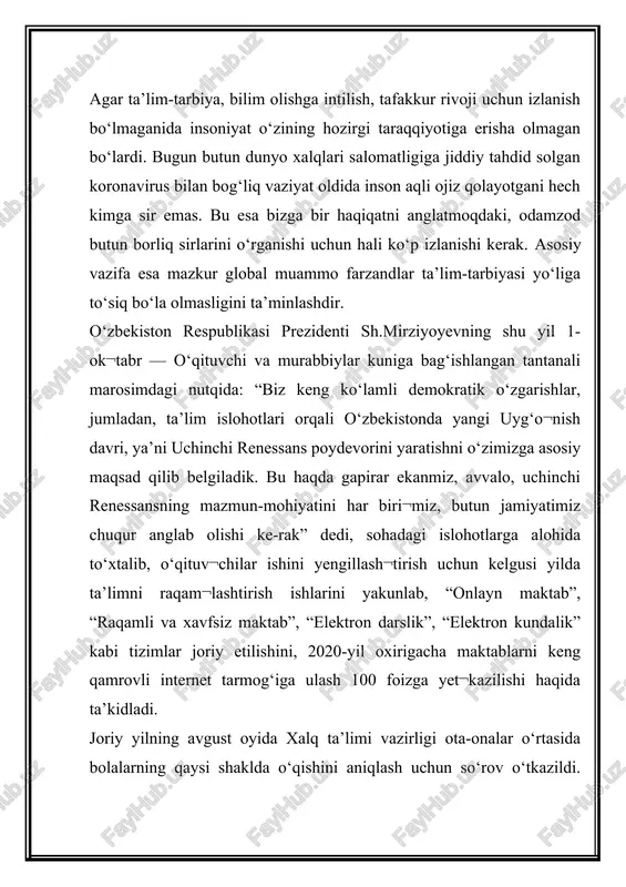 i: masofaviy o‘qitish tizimi bilan an’anaviy o‘qitish tizimi o‘zaro raqobatdami yoki bir-birini to‘ldiryaptimi? epidemiologik vaziyatdan kelib chiqib, o‘quvchilar masofaviy va an’ana¬viy tarzda o‘qitilyapti. bu ikki usulning yutuq va kamchiliklariga e’tibor qarataylik. masofaviy darslar faqat o‘quvchilarga yordam beryapti, deb aytolmaymiz. pandemiya sharoitida ota-onalarning aksariyati masofaviy darslarda bilvosita ishtirok etishga majbur bo‘lyaptilar. mavzuni tushunmay qolgan bola avvalo ota-onasiga savol beradi. ba’zi qiyin savollarga javob berishga majburligini his etgan ota-ona, albatta, televizordagi darslarni bola bilan birga ko‘rishga majbur bo‘ladi. shu¬ningdek, masofaviy darslar respublikamiz o‘qituv¬chi va o‘quvchilari uchun ko‘rgazma, mahorat darslari vazifasini o‘tayapti. masofaviy darslar tufayli o‘qituvchi va ota-ona muloqoti faollashdi. pandemiya sharoiti tufayli o‘qituvchi, o‘quvchi, ota-ona, maktabdan tashkil topgan to‘rtburchak burchak birlashdi. nihoyat! shuningdek, uzoq-yaqindagi o‘quv¬chilar poytaxtdagi tengdoshi kabi yuqori malakali o‘qituvchidan dars olmoqdalar. maktabda dars olgan bola televizor orqali bilimini mustahkamlashi, to‘ldirishi mumkin bo‘ladi. uydagi bola tushunmasa, maktabdagi o‘qituvchi bilan bemalol bog‘lanishi mumkin. o‘qituv¬chi har ikki shakldagi ta’limga birdek mas’uldir. bu omillar …