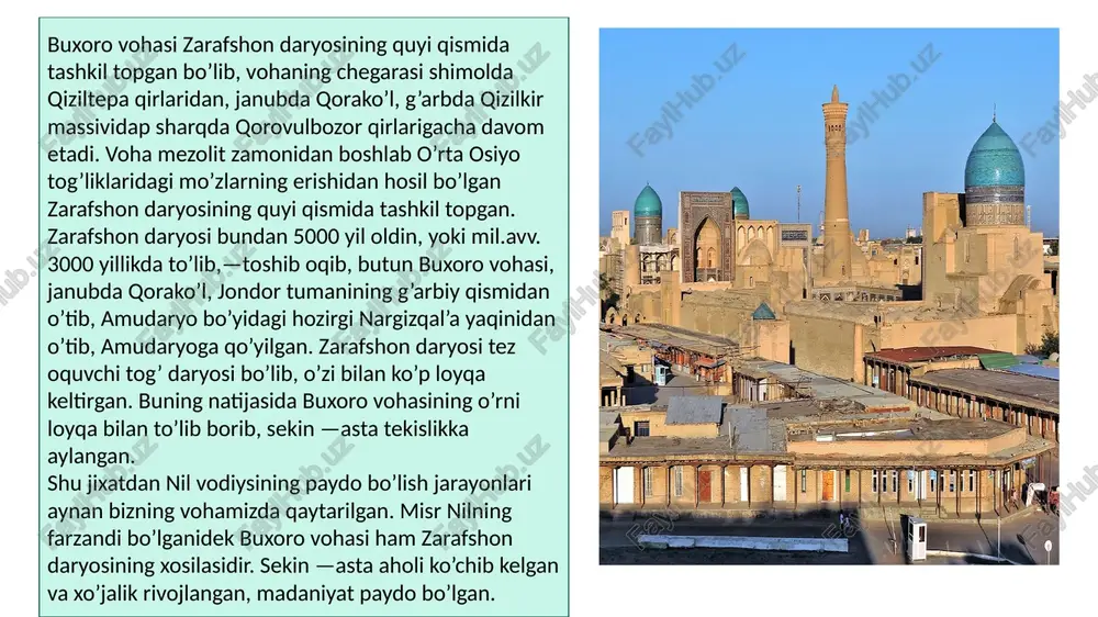 gi xayot haqida so’z boradi. qadimiy e’tiqodlar haqida fikr yuritiladi. antik zamon mualliflaridan gerodotning (mil.avv.5 asr) «yunon —eron urushi tarixi» kitobida, uning «klio» bo’limida bizning o’lkamiz to’g’risida fikr yuritiladi. ko’z ilg’amas kengliklarda xayot kechiruvchi massagetlar xo’jaligi, qurol —yarog’i, taqinchoqlari umuman turmush tarzi haqida fikr yuritiladi. shuningdek, bu davrda yashagan boshqa tarixchilar kvant kurstiy ruf, arrian, polien singari "mualliflar mil.avv. iv asr voqealari haqida fikr yuritganlar. ayniqsa ular makedoniyalik aleksandr yurishlarini bayon qiladilar. u bilan bog’liq voqealarga tayanib, bizning o’lkamizning xo’jalik hayoti haqida fikr yuritadilar. bu asarlarda bevosita buxoro deb nomlanib, zarafshonning quyi kismidagi joylar haqida gapirilmagan bo’lsada, voqealar bayoni shu joy haqida tushuncha hosil qilish imkonini beradi. antik zamon yozuvchilaridan faqat arrianning «aleksandr yurishlari» asarida kuyi zarafshon vohasida kad kutargan bagi qal’asi haqida bir marta aytib o’tiladi. qadimiy aholi massagetlar karmanadan quyi zarafshongacha bo’lgan xududlarda yashaganlar. massagetlar ittifogining 5 ta yirik kabila birlashmasi bo’lgan. bular quyidagilar: 1. xorazmiylar 3.attasiylar 4.avgasiylar …