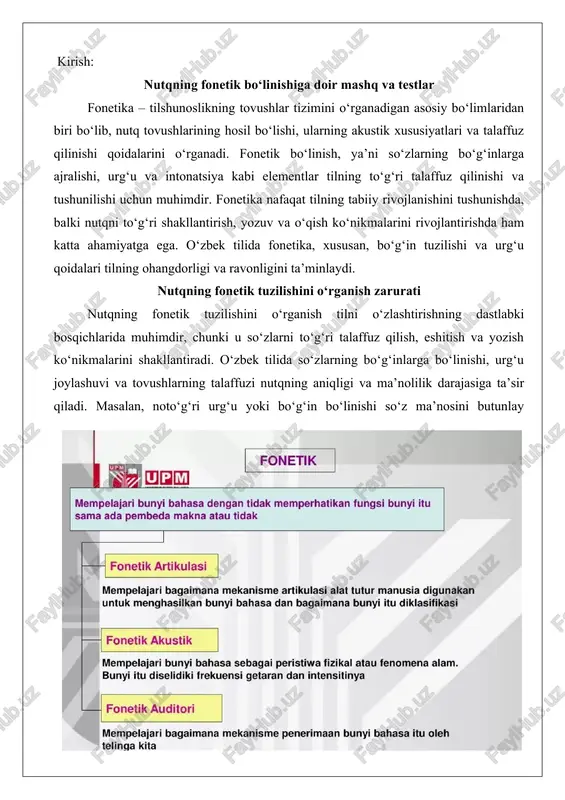 bo‘g‘inlarga ajratish, urg‘u qo‘yish va tovushlarni to‘g‘ri talaffuz qilishni o‘rganadi. fonetik mashqlar quyidagi jihatlarda foyda keltiradi: - nutqning aniqligi: bolalar so‘zlarni ravon va to‘g‘ri talaffuz qilishni o‘rganadi. - o‘qish va yozish ko‘nikmalari: bo‘g‘inlarga bo‘linishni tushunish so‘zlarni to‘g‘ri yozish va o‘qishga yordam beradi. - eshitish qobiliyati: tovushlarni farqlash va ularni to‘g‘ri eshitish nutqni tushunishni osonlashtiradi. - nutq madaniyati: to‘g‘ri talaffuz va intonatsiya orqali o‘quvchilar o‘z fikrlarini aniq va ta’sirchan ifodalashni o‘rganadi. mashqlar va testlar orqali fonetik bo‘linishni o‘rgatishda turli usullar qo‘llaniladi: tovushlarni aniqlash, so‘zlarni bo‘g‘inlarga ajratish, urg‘u qo‘yishga doir mashqlar, shuningdek, o‘yin va interaktiv usullar. bu jarayon bolalarning tilga bo‘lgan qiziqishini oshiradi va ularning o‘quv jarayoniga faol jalb qilinishini ta’minlaydi. nutqning fonetik bo‘linishi tushunchasi nutqning fonetik bo‘linishi nutq oqimini tovush birliklariga ajratishni bildiradi. bu jarayon tilning tovush tizimini tushunishga asoslanadi va o‘quv jarayonida fonetika fanining asosiy qismi hisoblanadi. fonetika nutq tovushlarining artikulyatsion, akustik va funksional xususiyatlarini o‘rganadi, bu esa nutqni samarali …