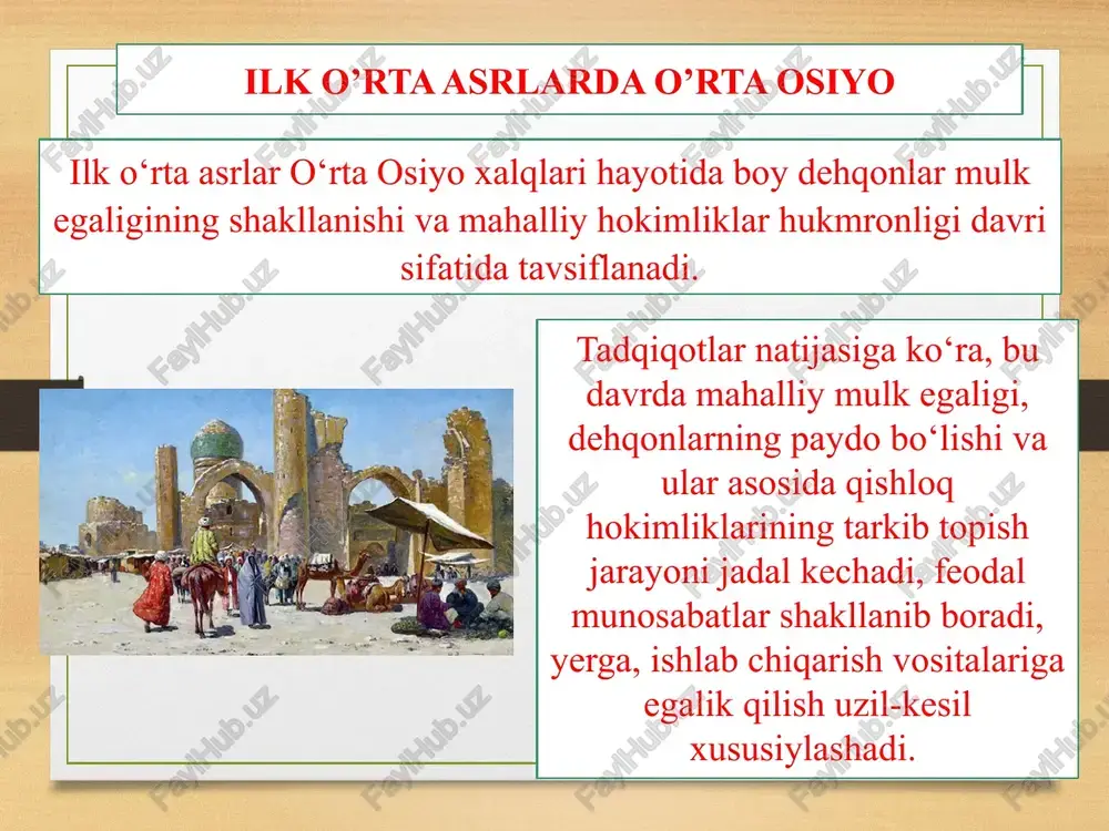 gan. bu mis tangalarning old tomonida mahalliy hukmdorning surati, orqa tomonida esa langarsimon tamg‘a chekilgan edi. o‘zbekistonning markaziy qismidagi sug‘diyonada esa uchta mustaqil yirik viloyat hokimliklari shakllangan. panjakentdan to karmanagacha bo‘lgan tumanlar markaziy sug‘dni tashkil etib, uning bosh shahri samarqand hisoblangan. zarafshon vohasining karmanadan g‘arbda joylashgan tumanlari g'arbiy sug‘dni tashkil etib, bosh shahri buxoro bo‘lgan. qashqadaryo havzasida tarkib topgan tumanlar janubiy sug‘d yerlarini tashkil etib, janubiy sug‘dning yuqori qashqadaryo tumanlari - kesh viloyati, quyi qashqadaryo tumanlari esa naxshob viloyati deb yuritilgan. viloyat hokimliklari tepasida turgan hukmdorlar buxoroda xudotlar, samarqand va qashqadaryoda ixshidlar deb atalgan. ilk o‘rta asrlarning dastlabki bosqichida har bir viloyat doirasida bir necha rustak xudodliklari, ixshid va ixrid hokimliklariga bo‘lingan. bu mahalliy hokimliklarning maydalari iqtisodiy va siyosiy qudratlilari tomonidan asta-sekin tinchlik va zo‘rlik orqali, tarix taqozosiga ko‘ra, o‘z ta'sir doirasiga olinib. yiriklashib borgan. masalan, g‘arbiy sug‘dda buxorxudodlardan tashqari, vardanxudot, varaxshaxudotlar bo‘lgan. ill asr oxiri va iv asr boshlarida …