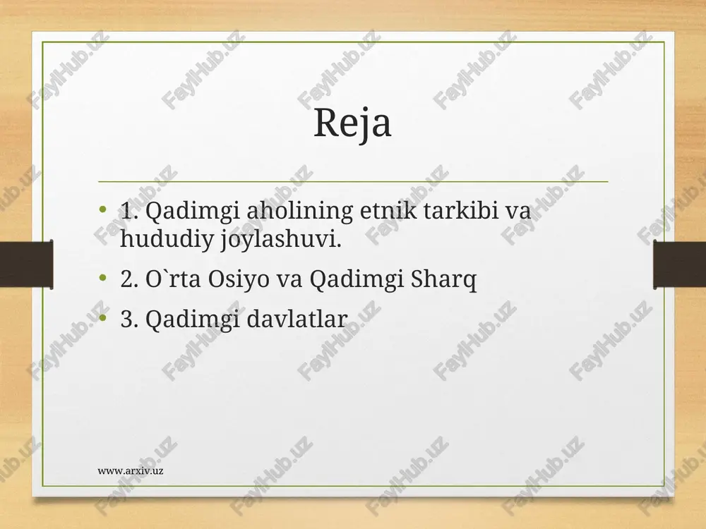 larida yashaganlar. ikkinchi guruh saka-tiay-taradarayya, ya'ni daryoning narigi tomonida yashovchi saklar deb atalgan. ular orol dengizi bo`ylarida, sirdaryoning (bu daryoning qadimgi nomi yaksart) quyi oqimida yashaganlar. www.arxiv.uz www.arxiv.uz mil. avv. vii—vi asrlarda iqtisodiyot rivoji xorazm, so`g`diyona va baqtriya aholisining asosiy mashg`uloti o`sha vaqtda sun'iy sug`orishga asoslangan dehqonchilik edi. jamiyat hayotida hunarmandchilik va savdoning ham o`rni katta bo`lgan. manzilgohlardan yuqori sifatli kulolchilik idishlari, temir va bronza buyumlari topilgan. ko`chmanchi sak va massaget elatlarining asosiy mashg`uloti chorvachilik bo`lib, ularning tuya, ot va qo`y-echkilardan iborat katta-katta suruvlari bo`lgan. www.arxiv.uz www.arxiv.uz hayvon terisidan poyabzal, kiyimlar, chodirlar tikib, g`alla va mevaga ayirboshlaganlar. o`rta osiyo xalqlari sharq mamlakatlari bilan yaqindan madaniy aloqada bo`lganlar. shu tariqa o`rta osiyoning o`troq va ko`chmanchi aholisi o`rtasida o`zaro savdo ayirboshlash bo`lgan. hunarmandchilik va savdoning rivojlanishi natijasida miloddan avvalgi vii—vi asrlarda qadimgi shaharlar rivojlangan. ular mustahkam mudofaa devorlari bilan o`ralgan bo`lib, hunarmandchilik ishlab chiqarishi va savdo markazlari edi. www.arxiv.uz www.arxiv.uz mil.avv.vii—vi asrlarda …