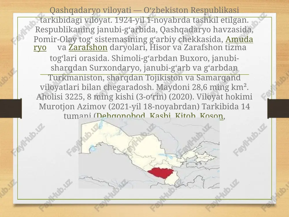z, yakkabogʻ, qamashi, qarshi, gʻuzorko'kdala tumani ), 12 shahar (beshkent, kitob, koson, muborak, tallimarjon, chiroqchi, shahrisabz, yakkabogʻ, yangi nishon, qamashi, qarshi, gʻuzor), 4 shaharcha (yangi mirishkor,dehqonobod, miroqi, eski yakkabogʻ, pomuq), 147 qishloq fuqarolari yigʻini, 1064 qishloq bor (2005) shahrisabz tumani - qashqadaryo viloyatidagi tuman. 1926-yil 29 sentyabrda tashkil etilgan. shimolidan kitob tumani, sharqdan tojikiston, surxondaryo viloyati, janubidan yakkabogʻ, qamashi, gʻarbdan chiroqchi tumanlari bilan chegaradosh. maydoni 1,70 ming km². aholisi 272,4 ming kishi (2004). tumanda 1 shahar (shahrisabz): 1 shaharcha (miroqi), 12 ta qishloq fuqarolar yigʻini (dukchi, kunchiqar, moʻminobod, naʼmaton, oqsuv, toʻdamaydon, xitoy, shakarteri, shamaton, oʻzbekiston, qutchi, hisorak) bor. markazi — shahrisabz shahritabiati. tuman hududi qashqadaryo viloyatining shimoli-sharqiy qismida, hisor togʻlarining etaklarida joylashgan. tumanning gʻarbi ochiq voha — qarshi choʻliga tutashib ketadigan tekislikdan iborat. togʻlardan oqib tushadigan oqsuv, qashqadaryo, tanxozdaryo, qizildaryo, tamshush, miroqi daryolari jarliklar hosil qilgan. miroqi togʻ etaklaridan qora marmar qazib olinadi. iqlimi kontinental. yillik oʻrtacha temperatura 14,7°. yanvarning …