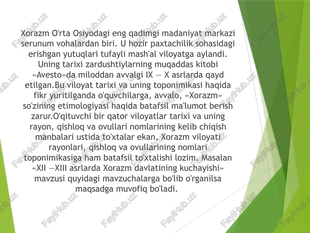 0 – 14-asrlarda xorazm davlatining poytaxti boʻlib, xorazm va movarounnahrda eng katta shaharlardan biri edi. asl nomi gurganj, arab geograflari asarlarida jurjoniya deb tilga olinadi. miloddan avval 1-asr xitoy solnomasida yuye-gan yoki yuye-szyan shaklida qayd qilingan. 10-asrning 2-yarmida markazi gurganjda boʻlgan mustaqil amirlik vujudga kelib, u kat shahridagi xorazmshohlar bilan raqobat qila boshladi. 995 yilda gurganj amiri maʼmun ibn muhammad katdagi xorazmshohlar sulolasini tugatib, oʻzini xorazmshoh deb eʼlon qildi (995–997). oʻsha vaqtdan gurganj xorazm davlatining yagona poytaxti boʻlib qoldi va 11 – 12-asrlarda bu yerda madaniyat va sanʼat ravnaq topdi. xiva o‘z tarixida gullab yashnashni ham, qulashni ham boshdan kechirdi. shahar ahamoniylar davlati tomonidan bosib olingan. 305-yildan 995-yilgacha xiva xorazm davlating tarkibiga kirgan.ix-xi asrlar davomida xivani bir qancha qudratli sulolalar boshqargan. shahar madaniyat va ma’rifat markazi bo‘lgan. bu yerda astronomiya, matematika, kimyo va boshqa sohalarda ko‘plab o‘quv muassasalari va yirik ilmiy markazlar mavjud edi.latining tarkibiga kirgan. buxoro — qadimiy, tarixiy, …