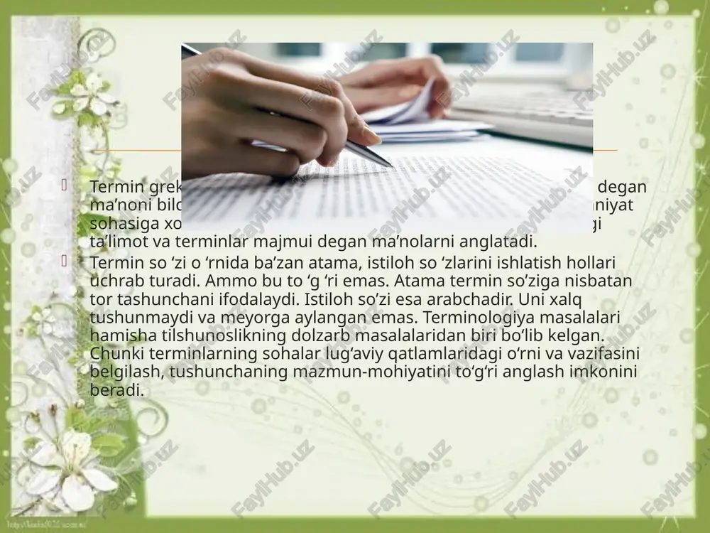 orov bu fikrga e`tirozan, “bunday qat`iy da’vo, aslini olganda, tilni sinfiy deb hisoblagan ayrim “olim”larning qarashlari davomidir desak, xatoga yo‘l qo‘ymasmiz” deya munosabat bildiradi. h.jamolxonov terminga munosabatda bo‘lar ekan quyidagicha yozadi: “terminlar fan-texnika, adabiyot, san`at va boshqa sohlarga oid ixtisoslashgan, qo‘llanishi muayyan soha bilan chegaralangan tushunchalarni ifodalaydigan nominativ birliklardir: gulkosa, shona (botanikada); to‘rtburchak, kvadrat (geometriyada); ega, kesim (tilshunoslikda); qofiya, turoq, vazn (adabiyotshunoslikda) kabi ”.  terminalogiyaning rivojlanishi, boyish yoʻllari har xil: boshqa tillardan soʻz olish, yangi soʻz yasash, ayrim fammatik kategoriyalarning leksikalashuvi, soʻz birikmasining semantik bir butun holga kelib qolishi va boshqa bugungi kunda oʻzbek terminalogiyasining boyishi, asosan, boshqa tillardan soʻz olish va ichki soʻz yasash hisobiga roʻy bermoqda. u yoki bu soha terminologik tizimining barkarorligini belgilovchi asosiy omili uning tartibga solinganligi va muntazamligidir.  terminalogiyaning oʻziga xos xususiyatlari mavjud. masalan, umumadabiy tilda sinonimiya, omonimiya va kup maʼnolilik tilning boyligi boʻlsa, terminalogiyada bular salbiy hodisa hisoblanadi. masalan, birgina tushunchani ifodalash …