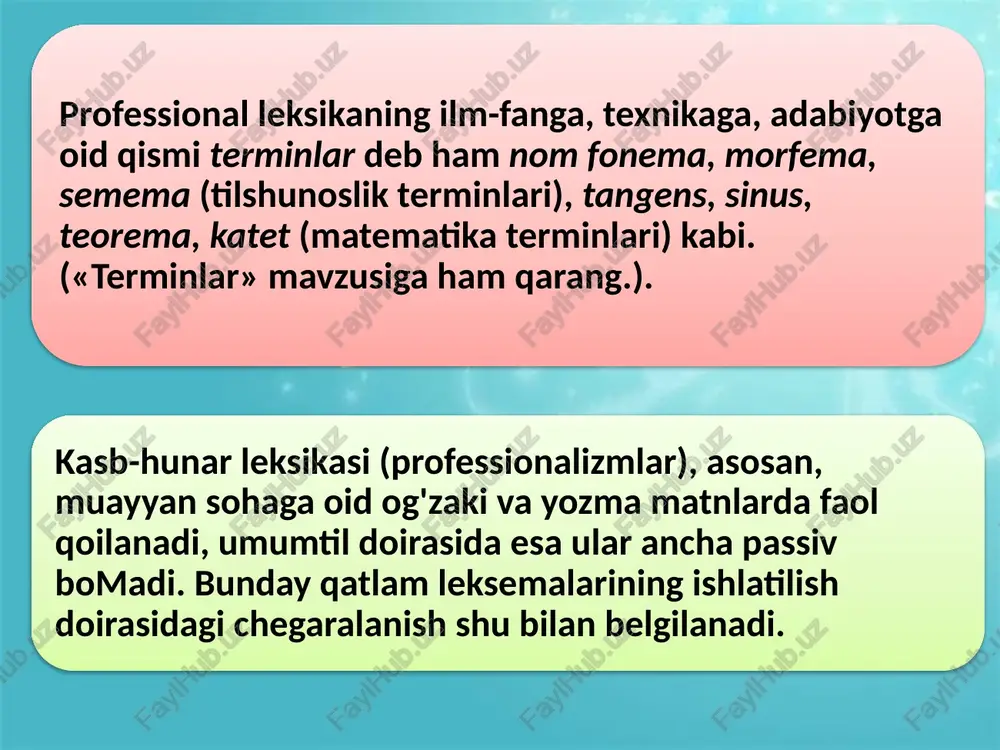 i, transport va maishiy ehtiyojlar uchun issiqlik hosil qilish va undan foydalanish bilan shug’ullanuvchi sohasi osmon jismlarni kuzatish, suratga olish va o’rganish uchun belgilangan astronomik optik asbob teleskop ayirma ikki narsa orasidagi farq ; ayrish natijasida hosil bo’lgan son ; shayba gayka ostiga qo’yiladigan yassi metall halqa hokkey o’yinida qo’llanadigan kulchasimon og’ir rezina image1.jpeg /docprops/thumbnail.jpeg mavzu : “o’zbek tilining izohli lug’ati”da kasb — hunarga oid so’zlarning ao'lanilshi. reja: ._kasb— hunarga oid so’zlar haqida ma'lumot. o’zbekttilining izohii lug'atida kasb —hunarga oid so’ zlarning