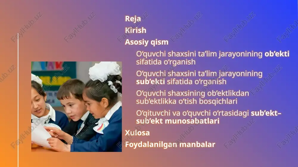staqil ishtirokini anglatadi. sub’ekt sifatida o‘quvchi o‘z o‘qish jarayonida faol ishtirok etadi, o‘z maqsadlarini belgilaydi, bilimlarni o‘zlashtirishda tashabbus ko‘rsatadi va o‘z xatti-harakatlarini boshqaradi. sub’ektivlik o‘quvchining o‘ziga xos motivatsiyasi, qiziqishlari va mustaqil fikrlash qobiliyatiga bog‘liq bo‘lib, bu uning shaxs sifatida rivojlanishini ta’minlaydi. 6 o‘quvchi shaxsini ta’lim jarayonining ob’ekti sifatida o‘rganish ta’lim jarayonida o‘quvchi ob’ekt sifatida ko‘rilganda, u asosan tashqi ta’sirlarning natijasi sifatida baholanadi. bu yondashuvda o‘quvchi passiv rol o‘ynaydi: o‘qituvchi, ta’lim muassasasi va jamiyat tomonidan shakllantiriladigan ob’ekt bo‘lib qoladi. bunday holatda o‘quvchining shaxsiy xususiyatlari, qiziqishlari va motivatsiyasi ikkinchi darajali o‘rin tutadi, asosiy e’tibor esa standartlashtirilgan bilim va ko‘nikmalarni singdirishga qaratiladi. ushbu qismda an’anaviy ta’lim tizimida o‘quvchining ro’li va o‘qituvchi faoliyatida o‘quvchi ob’ekti sifatida ko‘riladigan holatlarni chuqur tahlil qilamiz. an’anaviy ta’lim tizimida o‘quvchining ro’li an’anaviy ta’lim tizimi, asosan, xix-xx asrlarda shakllangan va hozirgi kungacha ko‘plab mamlakatlarda qo‘llanilayotgan yondashuvdir. bu tizimda o‘quvchi ob’ekt sifatida ko‘riladi, chunki ta’lim jarayoni o‘qituvchi tomonidan boshqariladi va o‘quvchi …