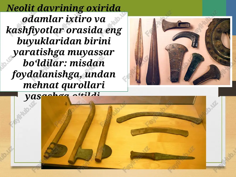 onchilik manzilgohlari topilgan. arxeologlar surxondaryo vohasidan qadimgi ziroatchilar manzilgohlaridan biri bo’lgan sopollitepani topishdi. bundan uch yarim ming yil muqaddam surxon vohasida, hozirgi sheroboddan uncha uzoq bo‘lmagan joyda jarqo‘ton manzilgohi vujudga kelgan. bronza davrida odamlar kulolchilik charxi va g‘ildirakni kashf etdilar. shu tariqa harakatlantirish vositalari vujudga keldi. savol va topshiriqlar 1. eneolit davrining neolit davridan asosiy farqlarini ayting. 2. misning kashf etilishi qachon ro’y bergan? 3. mis bronzadan nimasi bilan farq qiladi? 4. nega matriarxatdan patriarxatga o‘tish jarayoni sodir bo‘ldi? 5. bronza davri dehqonlarning manzilgohlari haqida hikoya qiling. 6. dehqonlar turar joy qurilishida qaysi materiallardan foydalanganlar? image7.jpg image8.jpeg image9.jpeg image10.jpeg image11.jpeg image12.jpeg image13.emf image14.jpeg image15.jpeg image16.jpeg image17.jpeg image18.jpeg image19.jpeg image20.jpeg image21.jpeg image22.jpeg image23.png image24.jpeg image3.png image4.png >) /docprops/thumbnail.jpeg name ofpresentation ‘company name