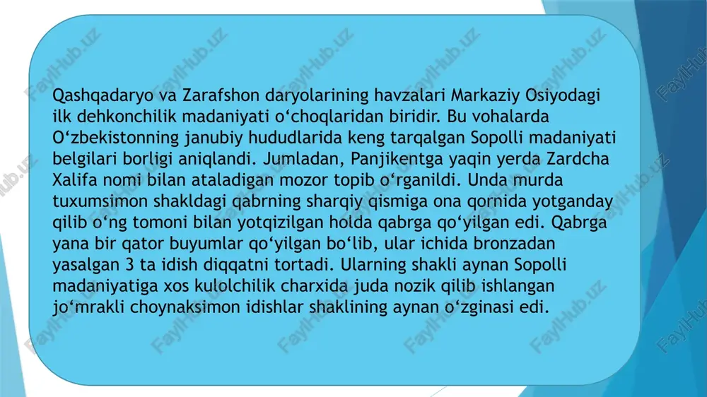 lan uzok vaqt qo‘shilish jarayonini o‘tashi natijasida vujudga kelgan. shu bilan birga, ularning hammasi ancha rivojlangan dehqonchilik madaniyatiga ega bo‘lgan, o‘zida ilk urbanizm jarayonlarini mujassam etgan sopolli madaniyati qadimgi sug‘d hududiga ham kirib kelganligini ko‘rsatadi. lekin qashqadaryo va zarafshon vodiylarining ilk temir davri yodgorliklari o‘zbekistonning janubiy hududlari yoki farg‘ona vodiysiga nisbatan kam o‘rganilgan. ilk temir davriga doir yodgorliklar o‘tgan asrning 50-yillarida s.k.kabanov tomonidan tanxozdaryo va yakkabog‘daryo havzalarida o‘rganilgan, keyinroq aynan shu yodgorliklarda a.s.sagdullaev, chiroqchi yodgorliklarida x.duke uncha katta bo‘lmagan ishlarni o‘tkazib, s.k.kabanovning bu yodgorliklarning aynan ilk temir davriga oid ekanligi to‘g‘risidagi fikrini tasdiqlashdi. s.k.kabanov tomonidan qashqadaryoning o‘rta oqimida chimqo‘rg‘on suv ombori qirg‘og‘ida so‘nggi bronza va ilk temir davriga oid turar joy makoni topilib, o‘rganildi. qashqadaryoning yuqori oqimidagi sho‘robsoy vohasida sangirtepa, uzunqir, daratepa va podayotoqtepa kabi yodgorliklar topib o‘rganildi. 1970-1980 yillarda qashqadaryo quyi oqimidagi qarshi vohasining eng yirik poytaxt-shaharlarini o‘rganish bo‘yicha katta ishlar qilindi. zarafshon daryosi havzasidagi ilk temir davrini o‘rganish …