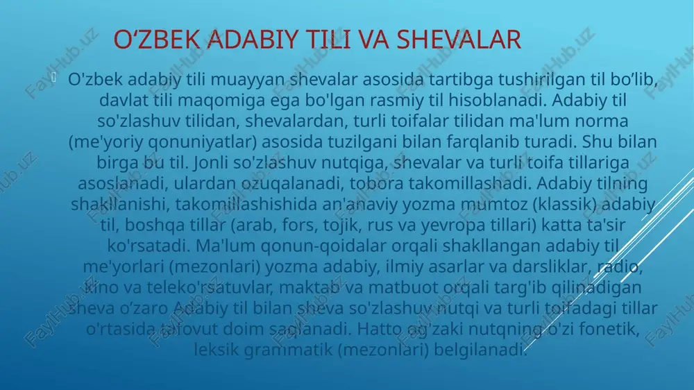 iruvchi shartli atama. bu tillar amal qilgan vaqt chegarasi ancha katta davrni qamrab oladi. qadimgi turkiy tillart.ning eng qadimiysi urxunenisey (turkrunik) yodgorliklari tili bo'lib, uning adabiy varianti 7-9-asrlarga to'g'ri keladi. qadimgi turkiy tillar oʻzbek milliy tilining shakllanishida shevalar roli o'zbek milliy tili tarixiy jihatdan aniq shevalar asosida shakllangan. o'zbek milliy tili yoki hozirgi o'zbek adabiy tilining dealektal asosini uchta dealektlarguruhi tashkil etadi: 1) qorluq-chigi-uyg'ur. 2) qipchoq. 3) o'g'uz dealektlari.tarixiy jihatdan qorluq-chigi-uyg'ur til birligi bilan bog'langan dealekt va shevalar, ayniqsa, toshkent, farg'ona, samarqand, buxoro, andijon, qo'qon va boshqa shaharlarning o'zbek milliy adabiy tilining rivojlanishida asosiy manba bo'lib xizmat qiladi. masalan, toshkent shahrida o'zining fonetik tuzilishi bilan (ayniqsa uning fonetiklarining miqdori bilan), farg'ona shevasi (farg'ona, andijon, marg'ilon, qo'qon) o'zining mofologik qurilishi bilan o'zbek milliy adabiy tiliga asos bo'ldi. far g'ona shevalaridagi aniq hozirgi zamon fe'lining «< yap» qo'shimchasi bilan hosil qilinishi, fe'lning zamonlari, nisbatlari, mayllari va boshqa xususiyatlari o'zbek adabiy tilida tobora …