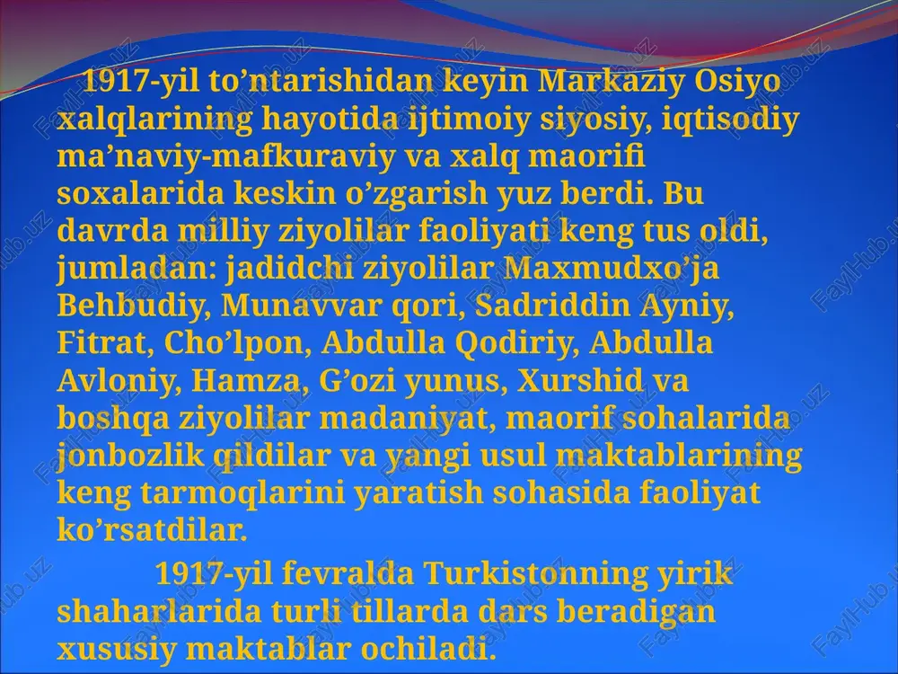 qa xalqlar kabi, ilg’or fikr egalarini, buyuk olimlarni yetkazdi, insoniyatga ilm-fan ma’naviyat sohasida o’lmas durdona asarlar, fikrlar qoldirdi. 1924-yil amalga oshirilgan milliy davlat chegaralanishi natijasida mintaqa haritasi qaytadan tuzuladi. sovet hokimiyati yillarida kommunistik partiya rahbarligida respublikada adolatsiz milliy siyosat amalga oshirildi. bu paytda maktablarda o’quv tarbiya ishlari mazmuni tuzumning maqsadi asosida o’zgardi. din va qur’oni karimga umuman e’tibor berilmadi. tarix darslarida voqealar buzib talqin etildi. adabiyot darslariga esa ko’proq rus yozuvchilarining asarlari bilan tanishtirishga katta ahamiyat berildi va rus pedagoglari darsliklaridan foydalanildi. natijada o’zbek pedagogikasi markscha-lenincha nazariya doirasida shakllangan soxta fanga aylanib ketdi. 1930-yil 14-avgustda ssr ittifoqi markaziy ijroiya komiteti va xalq komisarlari soveti tomonidan qaror qabul qilindi. bu qaror umumiy boshlang’ich ta’limni joriy etish va savodsizlikni qisqartirishga yordam berdi. 30-yillarning oxirlariga kelib, umumiy yetti yillik ta’limni amalga oshirishga kirishildi. biroq bu borada jiddiy hatoliklarga yo’l qo’yildi. maktab yoshidagi bolalarning bir qismi maktabga tortilmadi. mahalliy millat bilalari orasida o’qishni tashlab …