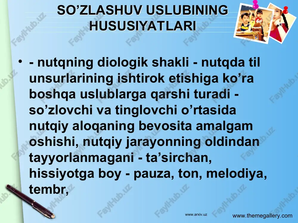 , do’ndiqcha, shirin; - ritorik so’roq gaplar, so’roq mazmunini ifodalaydigan darak gaplar www.arxiv.uz www.arxiv.uz www.themegallery.com his hayajon gaplar - fe’llarning turli shakllarga kirib o’zgarishi: pishirib edi – pishiruvdi, chaqirib edi – chaqiruvdi - -jon, -hon, -hur, - tilla, -bacha kabi affiksoidlar bilan yasalgan subyektiv baho bildiruvchi otlar: poraho’r, suzmahon, itvachcha, pashshaho’rda, tirrancha, ofatijon www.arxiv.uz www.arxiv.uz www.themegallery.com rasmiy uslubning hususiyatlari ishlatilmaydi - qisqa, aniq, lo’nda - jumlalarning inversiyasiz bo’lishi - ayrim hujjatlar shtampga o’hshash mahsus tartib va shakl bilan yoziladi - asosan kitobiy va neytral so’zlardan iborat bo’lishi - uslub bo’yog’iga ega bo’lgan so’z va turg’un birikmalarning o’z ichiga olishi: yuqorida ko’rsatilganlar, qabul qilib oluvchi, mazkur - professional terminologiyaning mavjudligi: akt, hal qiluv qarori, qidirish, muxtor elchi, bayonet, xalqaro visit www.arxiv.uz www.arxiv.uz www.themegallery.com - fikrlar mantiqiy jihatdan aniq bir ma’noli, fikrlar faqat tushunchalarni ifodalaydi - ifodalar muhokama, munozara va xulosalar shaklida bo’lib, qat’iy mantiqiy izchillikka asoslangan bo’ladi - analiz va sintez …