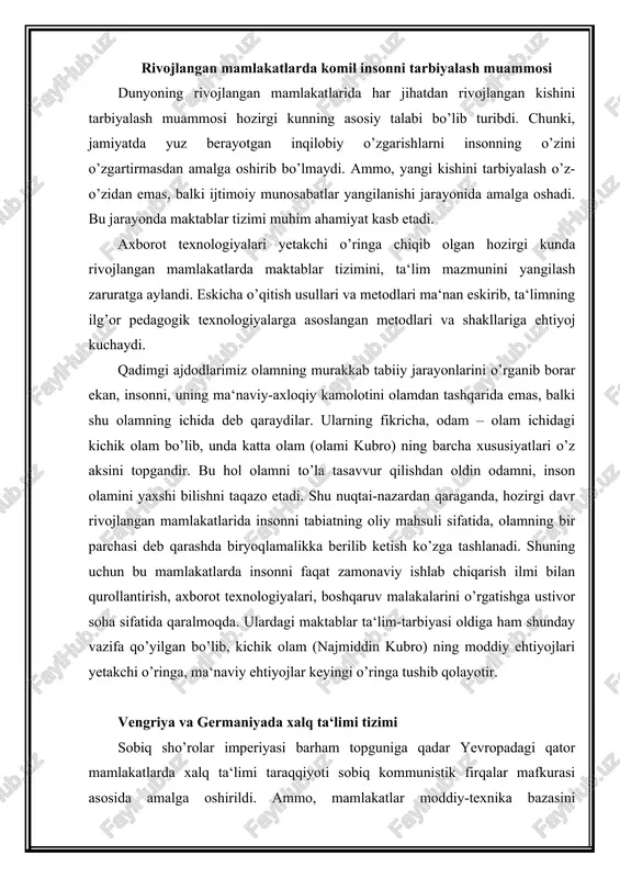rdagi maktablar ta‘lim-tarbiyasi oldiga ham shunday vazifa qo’yilgan bo’lib, kichik olam (najmiddin kubro) ning moddiy ehtiyojlari yetakchi o’ringa, ma‘naviy ehtiyojlar keyingi o’ringa tushib qolayotir. vengriya va germaniyada xalq ta‘limi tizimi sobiq sho’rolar imperiyasi barham topguniga qadar yevropadagi qator mamlakatlarda xalq ta‘limi taraqqiyoti sobiq kommunistik firqalar mafkurasi asosida amalga oshirildi. ammo, mamlakatlar moddiy-texnika bazasini mustahkamlashda yoshlarga zamon talablari asosida ta‘lim-tarbiya berish, ularni ilmiy-texnika inqilobi yutuqlariga asoslangan kasbiy bilimlar bilan qurollantirish lozim deb qaraldi. shuning uchun mazkur muammoni hal qilishga qaratilgan davlat qarorlari qabul qilindi. vengriyada (1980 y) va chexoslovakiyada (1981) maktab ta‘lim-tarbiyasi sifatini tubdan o’zgartirish yo’nalishida dadil qadamlar tashlandi. maktab ta‘lim-tarbiyasi puxta o’ylangan reja asosida yo’lga qo’yildi. sotsialistik tuzum barham topguniga qadar mazkur mamlakatlarda jadal industrlashtirish yo’llarida (50 -y) yoshlarga umumta‘lim va kasbiy ta‘lim berish ehtiyoji kuchaydi. qishloqlarda jadal sur‘atlar bilan yirik maktablar barpo etildi, mavjud maktablar yarim internatlar shakliga o’tdi. o’quvchilar kontengentining 30 % i yarim internatlar va kuni uzaytirilgan …