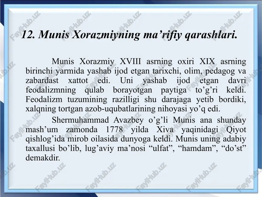 uchun muhim ahamiyat kasb etmoqda. munis kishilarni rostgo’ylik, mardlik, xalqchilik, do’stlik, vatanparvarlik va vafo ruhida tarbiyalash eng avvalo ilm orqali amalga oshirilishini ta’kidlagan. u bilimning qudrati kuch ekanligini ko’rsatadi. munis ilmning afzalligi to’g’risida maktab va madrasalarda o’qitiladigan fanlarning mohiyatini she’riy misralarda shunday bayon etgan edi: goho talabalar birla gulxan aro surub dardkashlikka yuz majaro, gahi rindlar bazmiga yo’l topib hamonki maqsudg’a qul topib, gohi maktab ichra kirib shodkom, madrasa sari aylab hirom. qayu yerda ahbob bazm aylasa, tarab irtiqobiga azm aylasa, o’zimni olar ichra solur erdim, ko’ngul qong’uncha bahra olur erdim. munis “savodi ta’lim” asarida donishmandning ilmga bo’lgan e’tiqodi uning o’z xatida aks etishini alohida ta’kidlaydi. shuningdek, xatni chiroyli, husndor va xatosiz yozilishining tarbiyaviy ahamiyatini quyidagicha ochib beradi. xattidin o’lub xujasta ta’lim, ta’lim fani xatiga taslim, sharmanda xati sabz xatlar, xol ofati xatida nuqtalar. ta’lim berur na bir raqamdin, xat yozmoq ishi yeti qalamdin. shoir insonlarni bir-biriga mehr-oqibatli bo’lishini, do’stlik …