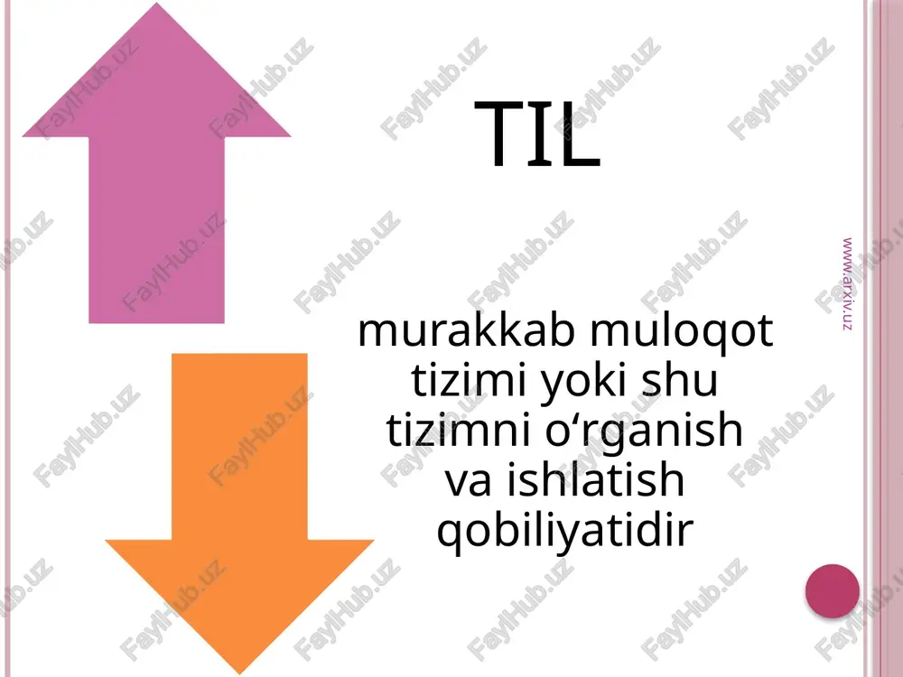 arxiv.uz «til va tafakkurning birligi nutqda o’z ifodasini topadi. nutq og’zaki va yozma holda mavjud bo’lib, unda fikrimiz moddiy shaklga, ya’ni hissiy idrok etiladigan shaklga kiradi va shu tariqa u endi bir shaxsga emas, balki jamiyatga tegishli bo’lib qoladi» www.arxiv.uz inson tafakkuri nutq bilan yuzaga chiqadi va uning natijalari tilda qayd etiladi. e’tiboringiz uchun rahmat www.arxiv.uz image2.jpeg image3.jpeg image4.jpeg image5.jpeg image6.jpeg image7.jpeg image8.jpeg image9.jpeg image10.jpeg image11.jpeg image12.jpeg image13.jpeg ti mara /docprops/thumbnail.jpeg ‘th tarauiur ourou ya muoman vostraunr ° rein til tafakkur quroti va muomala vostalari datla thing paydo botish otafakkur