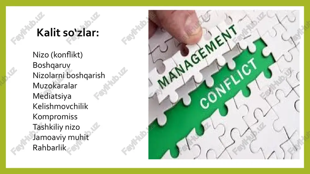 shga harakat qilish. vositachilik (mediation) – uchinchi tomon (masalan, rahbar yoki psixolog) yordamida kelishmovchilik guruhlararo nizo – bu ikki yoki undan ortiq guruhlar o‘rtasidagi ziddiyat, qarama-qarshilik yoki mojarolarni ifodalaydigan jarayondir. bu nizolar ijtimoiy, siyosiy, etnik, diniy, iqtisodiy yoki madaniy sabablar natijasida kelib chiqishi mumkin. guruhlararo nizolarning sabablari guruhlararo nizolar turli omillarga bog‘liq bo‘lishi mumkin. ular quyidagilarga bo‘linadi: ijtimoiy va madaniy farqlar – turli guruhlarning qadriyatlari, dunyoqarashlari va urf-odatlari bir-biriga mos kelmasligi. resurslar uchun raqobat – iqtisodiy imkoniyatlar, yer, suv, ish o‘rinlari va boshqa resurslar uchun kurash. stereotip va kamsitish – guruhlar bir-biri haqida noto‘g‘ri tushunchalarga ega bo‘lishi va bir-birini past baholashi. siyosiy omillar – hukumat siyosati, millatchilik yoki mafkuraviy qarama-qarshiliklar. tarixiy adovat – o‘tmishdagi nizolar yoki bosib olish siyosati natijasida shakllangan dushmanlik hissi. guruhlararo nizolarning oqibatlari guruhlararo nizolar quyidagi oqibatlarga olib kelishi mumkin: zo‘ravonlik va urushlar – katta nizolar qurolli to‘qnashuvlarga olib kelishi mumkin. ijtimoiy beqarorlik – jamiyat ichida ishonchsizlik …