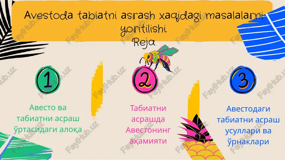 g'un yashash g'oyasi ilgari suriladi. tabiatni asrash va avesto avesto ta'limotlari tabiatni asrashning muhimligini ta'kidlaydi. tabiatni asrash, ekosistemaning barqarorligini ta'minlash va kelajak avlodlarga sog'lom muhitni qoldirish uchun zarur. avesto bo'yicha tabiatni asrashning asosiy printsiplari resurslarni oqilona ishlatish, tabiat bilan hamkorlik qilish va uni himoya qilishni o'z ichiga oladi. misol sifatida, avestoda suv manbalari va hayvonlar bilan munosabatlarga oid ta'limotlar keltirilgan. avesto va ekologiya: zamonaviy tahlil avesto matnlari zamonaviy ekologiya muammolari bilan chuqur aloqador. ular ekosistemaning saqlanishiga oid muhim ta'limotlarni o'z ichiga oladi. 1. avesto matnlari zamonaviy ekologiya muammolari bilan aloqador. ular tabiatni muhofaza qilish printsiplarini o'z ichiga oladi, bu esa ekologik muammolarni hal qilishda muhimdir. 2. avesto ta'limotlari ekosistemaning saqlanishiga olib keladi, resurslarni oqilona ishlatish va tabiatni himoyalashni taklif etadi. 3. misol uchun, avesto matnlarida tabiatning har tomonlama muhofazasi haqida ma'lumot berilgan. statistik ma'lumotlarga ko'ra, avesto ta'limotlarini tadqiq qilish eko-maxsulotlar ishlab chiqarishda samaradorlikni 30% ga oshirgani aniqlangan. xulosa: avesto va …