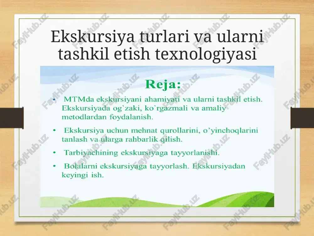 larda bir necha kun, ba’zan xaftalab davom etadigan hodisalarni kuzatish mumkin. bu kuzatishni uzoq muddatli kuzatish deyiladi. ¢ sayrlarda ob-havoni, osmonni, o‘simliklar, gullarni, xazonrezlik, hayvonlar hayotidagi mavsumiy o‘zgarishlarni kuzatish mumkin. ¢ bu turdagi kuzatishlar uzoq muddatli kuzatishlar deyiladi. ————<—l_ ¢ tabiat hodisalarini kundalik kuzatishlar tasodifiy bo‘imasligi lozim. bularni tarbiyachi oldindan rejalashtirishi lozim. ¢ sayr vaqtida gulzor va ekinzorlarda katta ishlarni amalga oshirish mumkin. ekinzor va gulzordagi ish uchun bolalarni mashg‘ulot maqsadiga ko‘ra uyushtiriladi.