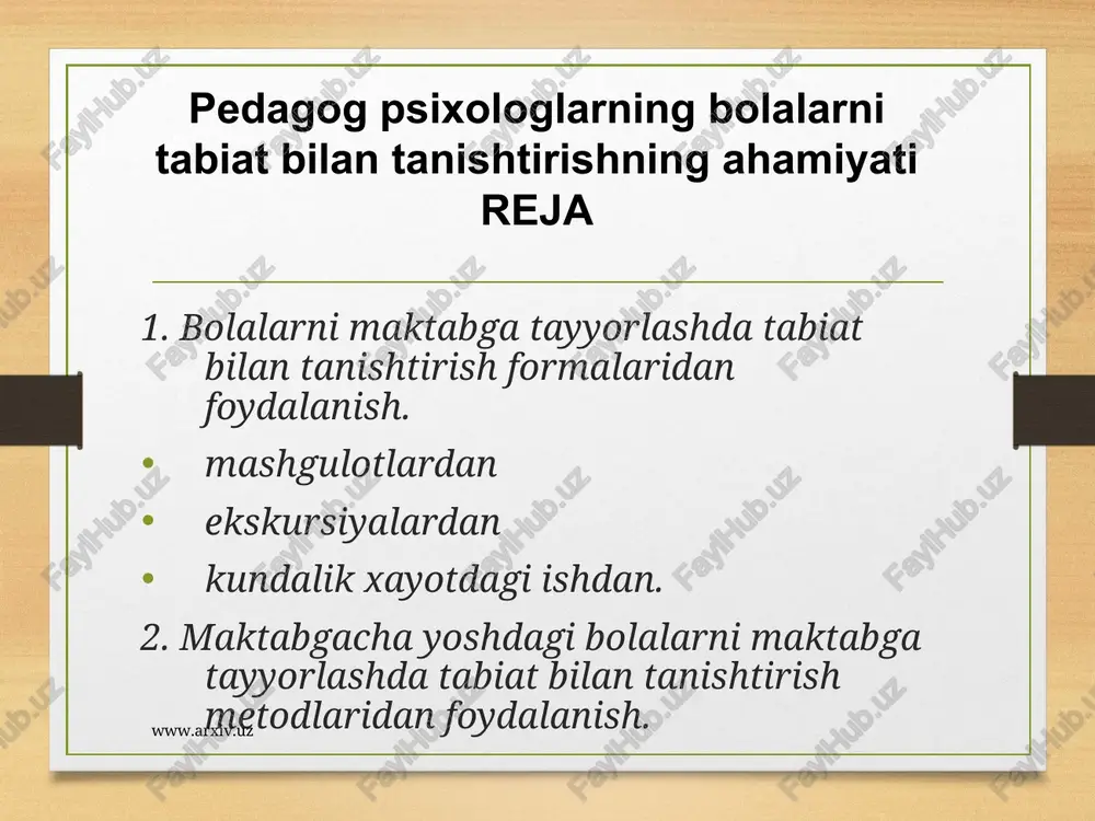 r bolalarni tabiat bilan tanishtirish uchun sayrlardan keng foydalaniladi. sayrlar vaktida tarbiyachi bolalar tasavvurining shakllanishi uchun uzok muddat talab kilinadigan tabiat xodisalari bilan tanishtirish imkoniga ega buladi. bolalarni korning erishi, kurtaklarning burtishi, maysaning paydo bulishi va shu kabilar bilan tanishtiriladi. sayrlarda tabiiy materiallar kum, loy, suv, muz, barg, va shu kabilar bilan xilma-xil uyinlarni tashkil etish mumkin. www.arxiv.uz www.arxiv.uz www.arxiv.uz bolalar bogchasida bolalarni tabiat bilan tanishtirish jarayonida xilma-xil metodlar: kurgazmali (kuzatish, rasmlarni kurish, diafilm va kinofilmlarni namoyish kilish), amaliy (uyin metodi, mexnat, oddiy tajribalar), ogzaki (tarbiyachining xikoyasi, badiiy asarlarni ukish, suxbat) metodlaridan va xilma-xil formalardan: mashgulotlardan ekskursiyalardan kundalik xayotga mexnatdan kuzatishlardan uchastka va tabiat burchagidan uyinlardan foydalaniladi. natijada bolalarda bilimlarni egallash malaka va kunikmalarni xosil kilish kobiliyatlarini ustirish ilmiy dunyokarashlarni axlokiy sifatlarini xulk atvorlarini shakllantirishga erishiladi. www.arxiv.uz www.arxiv.uz tabiat bilan tanishtirish metodlaridan kurgazmali metodlar: kuzatishlar amaliy metodlar uyin. xarakatli uyinlar. tabiatdagi mexnat ogzaki metodlar tarbiyachining xikoyasi suxbat badiiy adabiyotni ukish …