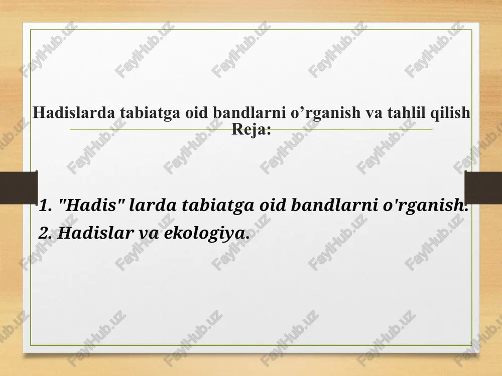 bir mo‘min biror ekin eksa, mevali daraxt o‘tkazsa, ularni qushlar, odamlar yoki xayvonlar yesa, bu sadaqa xukmidan bo‘ladi. 545. qush olloxning o‘lchovi bilan uchadi. 575. qush barak adir, tuya aqliga izzatdir. otning peshonasiga qiyomatgacha yaxshilik yozilgandir. 634. yenglar, ichinglar, kiyinglar, sadaqa qilinglar, ammo isrof qilmanglar mag‘rurlanmanglar. joni bor narsani o‘q otishda nishon qilmanglar. darxaqiqat bu xadisalarni, muqqadas kitoblarni o‘qib, tabiatga hurmat bilan qarash, har bir jonzotga mehr-shafqatda bo‘lish xissi qaror topadi. o‘ziga xos ekologik ta’lim vujudga keladi. tabiat va uning mahsullari inson uchun ekan, ulardan oqilona va odilona foydalanish kerak. yerga, suvga hayvonlar va nabototga bo‘lgan munosabatimizni tiklashimiz orqaligina ona tabiatnimizni asrab qolishimiz mumkin. global ekologiyaning taraqqiyotida v.n.sukachevning biotsnoz to‘g‘risidagi ta’limoti kuchli burilish vudujga keladi.umumiy ekologiyaning rivojlanishida katta xissa qo‘shgan olimlar bularga: - d.n.kashkarov. s.a.seversov. ekologik parazitologiyada: v.n.beklemishev, v.a.dogel, ye.n.pavlovskiy: ekolgik entomologiyasida - v.vasetsov, n.a.gerbilskiy, k.m.deryugin, l.a.zenkevich, s.a.zernov: o‘simlklar ekologiyasida: i.g.serebryakov, ye.p.korovin, k.z.zokirov va b. ekologik fiziologiyaning rivojlanishida olimlarimizning qilgan …