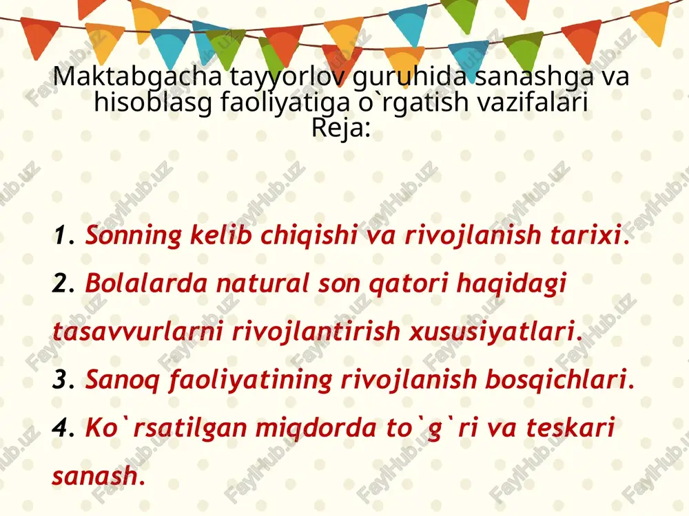 onlar orasidagi to`g`ri va teskari munosabatlar tushuntiriladi. 6 yashar bolalar gruppasida qo`shni sonlar orasida munosabatlarni tushuntirish yana ham chuqurlashtirilib, bolalar son, funktsiyani bajarishi, ya`ni miqdorni va tartibni ko`rsatishi bilan tanishadi. bu bilan bolalar ongida sonlar qatori qat`iy bir sistemada bo`lishi tushunchasi shakllanib, har bir sonning tarkibi o`zidan kichik ikki sondan iborat bo`lishi ham o`rgatiladi. bu tariqa berilgan ma`lumotlar bolalarni arifmetik amallarni tushinish va o`zlashtirishga tayyorlaydi. bolalarga ta`lim berish dasturidagi bunday izchillik tartibi bolalarni konkret narsalar bilan bog`liq bo`lgan sanoq faoliyatidan sonlar bilangina ishlash, ya`ni hisob faoliyatiga ko`chish imkonini tug`diradi. ilmiy tekshirishlar natijasida aniqlanishicha, bolalarning sanoq faoliyati taraiyoti quyidagi bosqichlarni o`z ichiga oladi: 1- bosqich. bu bosqichda bolalar bir xildagi narsalar to`plami bilan ish ko`rib, ularni ajratadilar va bir joydan ikkinchi joyga olib qo`yib nimalarnidir quradilar. 2 - bosqich. bu bosqichda bolalar bir to`plam elemetlarini ikkinchi to`plam elementlari bilan solishtirish malakasini amaliy egallab, elementlarning o`zaro bir qiymatli munosabatda bo`lishini aniqlay boshlaydilar. …