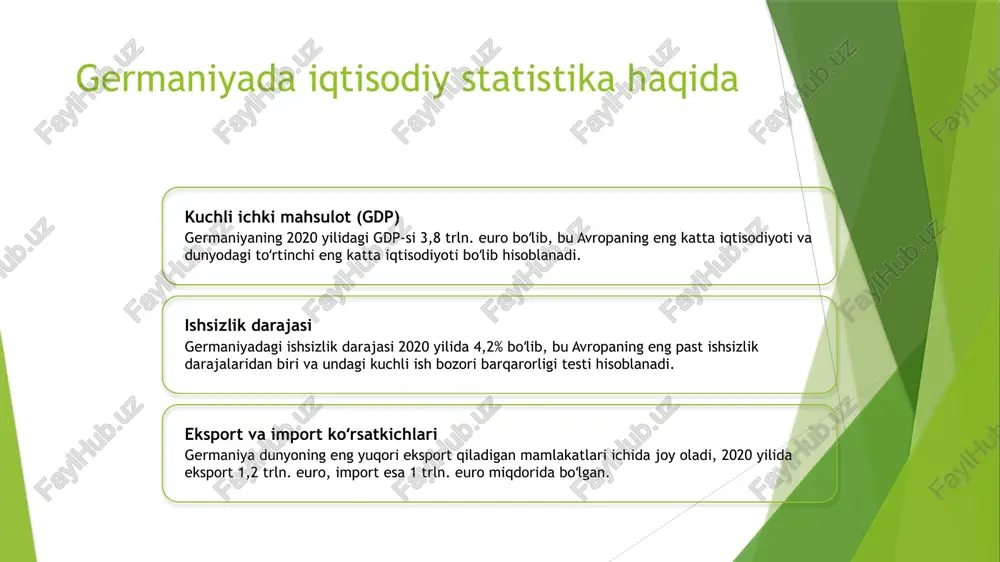 ksi (mni) mijozlar narxi indeksi germaniyada shaharlik mijozlar tomonidan xarid qilingan eng ko'p sotiladigan tovar va xizmatlar bo'zorlarida vaqti-vaqti bilan o'zgarishni o'lchaydi. inflatsiyani ta'sir qiladigan omillar neft narxlari, valyuta kurslari va davlat siyosatlari kabi omillar germaniyada inflatsiya darajalariga ta'sir qilishi mumkin. iqtisodiyga ta'siri inflatsiya va mijozlar narxi indeksidagi o'zgarishlar germaniyada foiz darajalari, sotib olish kuchi va umumiy iqtisodiy barqarorlikka ta'sir qilishi mumkin. germaniya savdo balansi eksport performansi germaniyada eksport performansi kuchli bo'lib, asosiy eksport mahsulotlari mashina, transport vositalari va kimyoviy moddalar. import tendentsiyalari germaniyaning eng yuqori import mahsulotlari qayta ishlanuvchi neft, avtomobillar va transport vositalari bo'lib, bu uning dunyodagi uchinchisi import qiluvchisi. savdo surplusi germaniya doimiy ravishda savdo surplusini saqlaydi, eksport importdan ko'proq bo'lib, bu uning kuchli iqtisodiy holatiga hissa qo'shadi. germaniyada sanoat statistikasi 1 2 3 sanoat ishlab chiqarishning tahlili asosiy sohalar va sohalar iqtisodiy ta'sir germaniyada sanoat ishlab chiqarish mashinani, transport vositalari, kimyo, va elektronikani o'z ichiga olgan, …