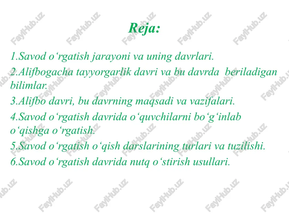 , ularda namunaga qarab grafik xatolarini aniqlash o’z-o’zini tekshirish, harf oralarining tengligiga rioya qilish, chamalab yozish kabi ko’nikmalar hosil qilinadi. bu bosqichda tovush bilan harfni farqlashga o’rgatish ko’zda tutiladi. ushbu bosqichdanoq tovush va harf o’rtasidagi chegaraga qat’iy rioya qilinadi. bolalarga tovush haqidagi ma’lumotlar kitob ochtirilmay beriladi. tovushni ifodalovchi harf ko’rsatilgach, harf ustida ishlanadi. tovush va harfga oid o’ziga xos xususiyatlar (tovushlarni talaffuz qilamiz, eshitamiz; harflarni yozamiz, ko’ramiz, o’qiymiz) ham izchil ravishda o’quvchilarning o’zlashtirishlarini hisobga olgan holda sekin-asta tushuntirila boriladi. alifbo davri alifbo davrini o’rganiladigan tovush-harfning va o’quv materialining murakkablik darajasiga ko’ra 3 bosqichga ajratish mumkin: 1) unli tovush-harflar, ovozdor, sirg‘aluvchi undoshlar, o-na, a-na, il, in, bi-lan tuzilishidagi so’zlar o’rganiladigan bosqich; 2) artikulyastiyasi qiyin bo’lgan r, k, v, f kabi undoshlar va yo‘l-bars, do‘st, rasm kabi tuzilishdagi so’zlar o’rganiladigan bosqich; 3) o’rganilganlar takrorlanib, harf birikmalari ng, sh, ch, 2 tovushni ifodalaydigan j, tutuq belgisi (’) va jo‘ja, jurnal, jirafa, tong, so‘ng, …