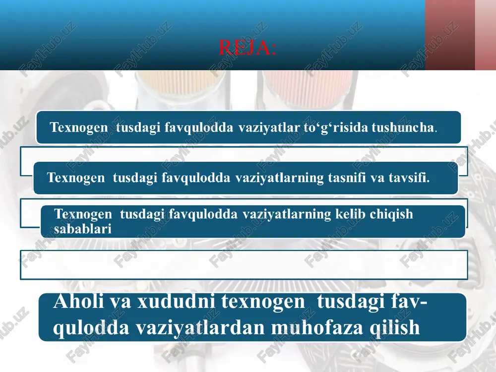 'ektlardagi halokatlar kimyoviy havfli ob'ektlardagi halokatlar transport halokatlari (avariyalari) transport halokatlari (avariyalari) energetikava kommunaltizim- lardagihalokatlar energetikava kommunaltizim- lardagihalokatlar yongin-portlash havfimavjud bo’lganob'ektlardagi halokatlar yongin-portlash havfimavjud bo’lganob'ektlardagi halokatlar ijtimoiyyo’nalishdagi ob'ektlardagihodisa vahalokatlar ijtimoiyyo’nalishdagi ob'ektlardagihodisa vahalokatlar radioaktiv va boshqa xavfli va ekologik jihatdan zarar bo’lgan moddalarni ishlatilishi yoki saqlanishi bilan bog’- liq bo’lgan halokatlar radioaktiv va boshqa xavfli va ekologik jihatdan zarar bo’lgan moddalarni ishlatilishi yoki saqlanishi bilan bog’- liq bo’lgan halokatlar gidrotexnik halokatlar gidrotexnik halokatlar transport halokatlari (avariyalari) bu: * ekipaj a’zolari va yo‘lovchilarning o‘limiga, havo kemalarining to‘liq parchalanishiga yoki qattiq shikastlanishiga hamda qidiruv va avariya — qidiruv ishlarini talab qiladigan aviahalokatlar; * yong‘inga, portlashga, harakatlanuvchi tarkibning buzilishiga sabab bo‘lgan va temir yo‘l hodimlarining, halokat hududidagi temir yo‘l platformalarida, vokzal binolarida va shahar imoratlarida bo‘lgan odamlar o‘limiga, shuningdek tashilayotgan kuchli ta’sir ko‘rsatuvchi zaharli moddalar bilan (ktezm) halokat joyiga tutash xududning zaharlanishiga olib kelgan temir yo‘l transportidagi halokatlar (avariyalar); * portlashlarga, yong‘inlarga, transport vositalarining …