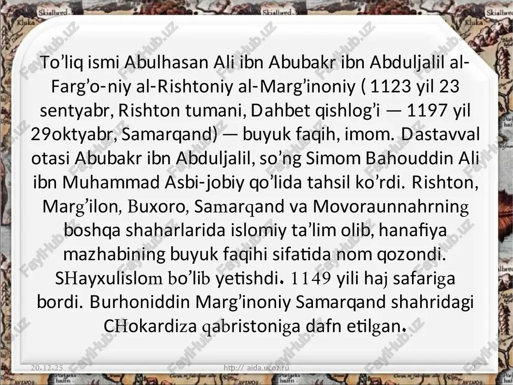 imot»)ni yozishga qaror qilgan. keyinchalik bu kitobi asosida «kitob al-hidoya» (qisqacha nomi «hidoya» — «to’g’ri yo’l»)ni yaratadi (1178). burhoniddin marg’inoniy bu kitobda o’sha zamonlarda mo’min-musulmonlar duch keladigan dolzarb hayotiy masalalar, jumladan oilaviy va ijtimoiy munosabatlar, mulkchilik, savdo-sotiq, jinoyat va jazo, insonning burch va mas’uliyatlariga taalluqli juda ko’p murakkab muammolarni islomiy huquq nuqtai nazaridan hal etib berdi. mazkur kitob nafaqat movoraunnahrda, balki butun islom sharqida bir necha tillarga tarjima etilib ma’lum va mashhur bo’lib ketdi. bu kitob fiqh ilmi bo’yicha eng aniq, izchil, mukammal asar bo’lgan. undan asrlar davomida islom huquqshunosligi bo’yicha nufuzli huquqiy manba — asosiy qo’llanma sifatida foydalanilgan . shu sababli alloma nafaqat ulamolar, balki oddiy xalq orasida ham «hidoyat yo’lining sarboni» deya katta hurmat-e’tibor topdi. burhoniddin val-milla (islom dinining dalili, isboti) degan sharafli nomga sazovor bo’ldi. burxoniddin marg’inoniy burxoniddin marg’inoniy fiqh bo`yicha asosiy asari “bidoyat ul-mubtadiq” (“boshlovchilar uchun qo`llanma”)ni hanafiya nazariyotchisi, shariat asoschilaridan abul hasan al-quduriy (1029 y. …