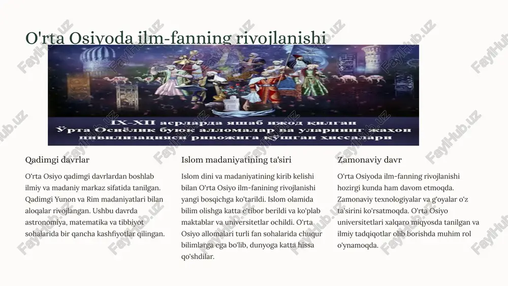 ari va astro-geografik usullarni qo'llash 3 geografik ma'lumotlarni to'plash sayohatlar, kuzatuvlar va geografik ma'lumotlarni hujjatlashtirish uyg'onish davrida geografiya ilmi o'rta osiyoda katta rivojlanishga erishdi. olim va sayyohlar dunyo xaritalarini yaxshiroq tushunish va takomillashtirishga harakat qilishdi. ular ko'plab geografik joylarni aniqlash uchun koordinata tizimlari va astro-geografik usullarni qo'lladilar. bundan tashqari, o'sha davr o'zining geografik ma'lumotlarini to'plash, hujjatlashtirish va tahlil qilishga bag'ishlagan sayyohlar va olimlar bilan mashhur edi. 4 musulmon uyg'onish davrida astronomiya ilmining rivojlanishi yulduzlar jadvallari uyg'onish davrida o'rta osiyo astronomlari yulduzlarning joylashuvini aniqlash uchun jadvallarni yaratishda muhim rol o'ynaganlar. kosmik jismlar harakati astronomiyaning rivojlanishi quyosh, oy va sayyoralarning harakatini kuzatishga qaratilgan edi. zamonaviy usullar uyg'onish davrida astronomiya sohasida yangi usullar qo'llanildi, bu esa kuzatuvlarni yanada aniqroq qilishga imkon berdi. 5 musulmon uyg'onish davrida tibbiyot ilmining rivojlanishi 1 kasalliklarni aniqlash va davolash ilg'or davolash usullari 2 anatomiya va fiziologiya inson tanasini chuqur o'rganish 3 dorivor o'simliklar o'simliklarning shifobaxsh xususiyatlarini tadqiq qilish …
