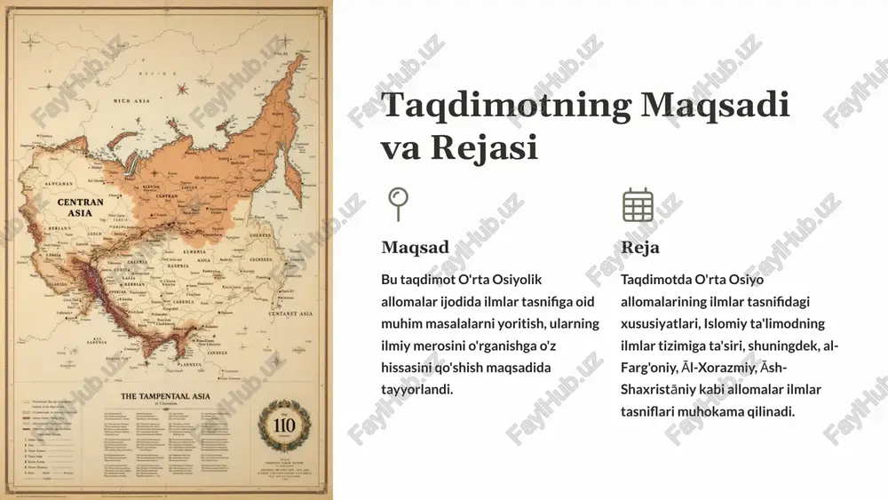 fanni qadrlash islom dinida ilm olish, ta'lim olish va bilimni tarqatish rag'batlantiriladi. bu qadriyatlar o'rta osiyo allomalariga ilmiy izlanishlar va ilmlarni tizimlashtirishga bo'lgan qiziqishni kuchaytirdi. ilohiot va falsafa islom dinining asosiy tamoyillari - ilohiot, qonunshunoslik, falsafa va axloqshunoslik - ilmlar tasnifida muhim o'rin egalladi. ushbu sohalar allomalar tomonidan chuqur o'rganilib, o'ziga xos ilmiy yo'nalishlar yaratilgan. al-farg'oniy, āl-xorazmiy, āsh-shaxristāniy kabi allomalar ilmlar tasniflari al-farg'oniy o'zbekistonning samarqand shahrida tug'ilgan al-farg'oniy (taxminan 798-861 yillar) asosan astronomiya va astrologiya bilan shug'ullangan. u ilmlarni 7 toifaga bo'lgan: matematik, geometrik, astronomik, muqobil, fizika, muhandislik va musiqiy. bu tasnif ilmiy bilimlarni mantiqan guruhlashga qaratilgan va shu bilan birga, o'sha davrning asosiy ilmiy sohalarini aks ettiradi. āl-xorazmiy xorazmlik matematik va astronom āl-xorazmiy (taxminan 780-850 yillar) ilmlarni matematik, astronomik, geografiya va mantiq kabi toifalarga ajratgan. uning asarlari o'z zamonasida matematik va astronomiya sohalarida katta rol o'ynagan va keyinchalik evropa va sharqda ilmiy rivojlanishga katta ta'sir ko'rsatgan. āsh-shaxristāniy āsh-shaxristāniy (taxminan …