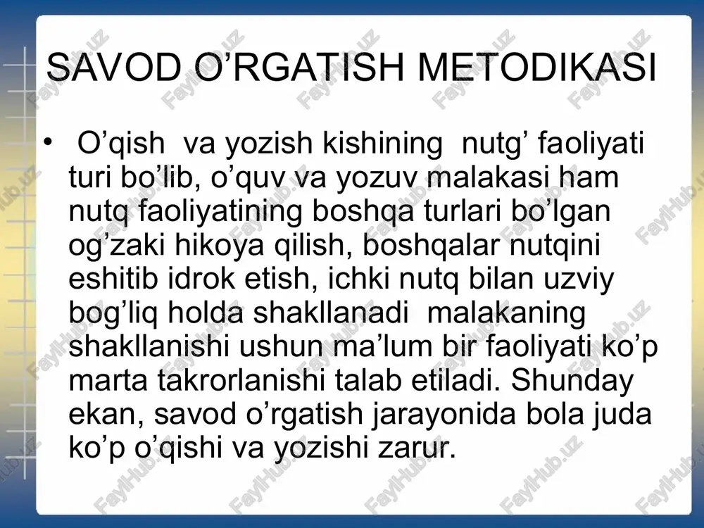 jarayon bulib irodani. diqattni aqlnigina emas balki jismoniy harakatni talab qiladi. o’qishga o’rgatishda tovushlarni qo’shish qiyin harakat hisoblanadi. kup o’quvchilar tovushlarni aloxida talaffuz qiladilar ammo bug’in hosil qila olmaydilar . bu qiyinchilikni bartaraf qilish ushun nutq organlarining rivojlanish xususiyatlariga e’tibor berish zarur dastlabki yozuv jarayonida ko’pgina mustaqil faoliyatni bajaradilar : rushkani to’g’ri ushlash daftarni to’g’ri qo’yish. harfni yozishga o’rganish bilan uning shaklini, elementlarini, chiziqlarini hisobga olib daftar qatoriga singdirishni qator bo’ylab ruchkani qanday harakat qildirishni esda saqlashni: so’zni yozganda harfni harfga qanday qo’shishni bilishi va so’zning bir qatorga sig’ish-sig’ishmasligini hisoblashi ko’zni daftarga yaqinlashtirmasdan to’g’ri o’tirishni esda tutishi lozimdir. eski maktabda o’qish bilan yozish bir vaqtda o’rganilmagan avval faqat o’qish o’rgatilgan . o’qish hatto (bo’g’in) usuli bilan yozish bir vaqtda o’rganilmagan. o’qishga o’rgatishning «xijjoi qadimiy»deb atalgan. bu usuli asrlar davomida hesh qanday o’zgarishsiz davom etib klgan. hijjo usulida o’qish o’rgatishni 3 bosqichga bo’lish lozim: harflarning nomini yodlatish. bola uyidan har ikki …