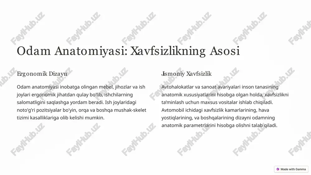 palarining dizayni odamning anatomik parametrlariga mos kelishi kerak. yong'in xavfsizligi yong'inda, portlashda yoki boshqa xavfli vaziyatlarda insonning tana tuzilishini hisobga olgan holda, odamlarni himoya qilish uchun turli qiyin sharoitlarda ishlatiladigan maxsus kiyimlar va jihozlar ishlab chiqiladi. 4 antropometrik parametrlar va xavfsizlikni ta’minlash: misollar sanoat xavfsizligi sanoat korxonalarida xavfsizlikni ta’minlashda antropometrik parametrlar muhim o'rin tutadi. og'ir sanoat uskunalarini ishlatishda va og'ir yuklarni ko'tarishda, shuningdek, xavfli materiallar bilan ishlashda insonning tana tuzilishi va o'lchamlari hisobga olinishi kerak. avtomobil sanoati avtomobillarning ichki dizayni, xavfsizlik kamarlarining uzunligi, yuk ko'tarish quvvatlari va boshqalar, antropometrik parametrlar asosida ishlab chiqiladi. avtomobilning barcha qismlari insonning anatomiyasiga mos bo'lib, xavfsizlikni ta'minlashga qaratilgan. 5 jismoniy yuklama va stressni boshqarish 1 to'g'ri texnika insonning anatomik tuzilishini o'rganish orqali jismoniy yuklamalarni qanday qilib engillashtirish mumkinligini tushunish mumkin. muskul-skelet tizimiga bo'lgan ortiqcha yuklar odamning sog'lig'iga zarar yetkazadi. 2 stressni kamaytirish og'ir yuklarni ko'tarishda va harakat qilishda tizza, bel va boshqa mushaklar tizimini himoya …