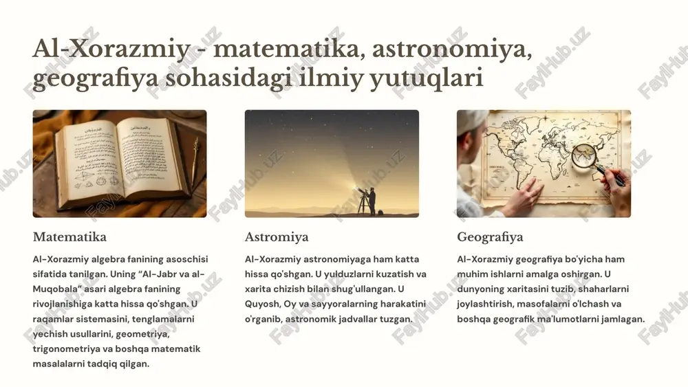 ramayn" asarida quyosh va oyning harakatini aniqlashga bag'ishlangan bo'lib, bu astronomiya sohasida muhim hisoblanadi. shuningdek, u turli sayyoralarning harakatini o'rganib, ularning orbitasini aniqlashga harakat qildi. matematika al-farg'oniy matematikada ham muhim hissa qo'shdi. u o'zining matematik asarlarida geometriya, algebra va trigonometriyani o'rganib, bu sohalarda yangi kashfiyotlar qildi. uning asarlari o'rta asrlardagi matematiklarga ilhom bergan va ularning rivojlanishiga ta'sir qilgan. geodeziya al-farg'oniy geodeziya sohasida ham yutuqlarga erishdi. u yerning shaklini o'lchashga va xaritalashga bag'ishlangan asarlar yozdi. uning geodeziya bo'yicha tadqiqotlari o'rta asrlarda geograflarning yer haqidagi bilimlarini kengaytirishga yordam berdi. abu rayhon beruniy va "qadimgi xalqlardan qolgan yodgorliklar" asarining ahamiyati asarning ahamiyati abu rayhon beruniyning "qadimgi xalqlardan qolgan yodgorliklar" asari o'rta asrlar tarixi va madaniyatini o'rganishda juda muhim ahamiyatga ega. bu asar qadimgi xalqlarning turmush tarzi, urf-odatlari, diniy e'tiqodlari, san'ati va fanlari haqida qimmatli ma'lumotlarni o'z ichiga oladi. asarning mazmuni asarda beruniy qadimgi xalqlarning tarixi, madaniyati, dinlari, fanlari, san'ati va urf-odatlari haqida chuqur …