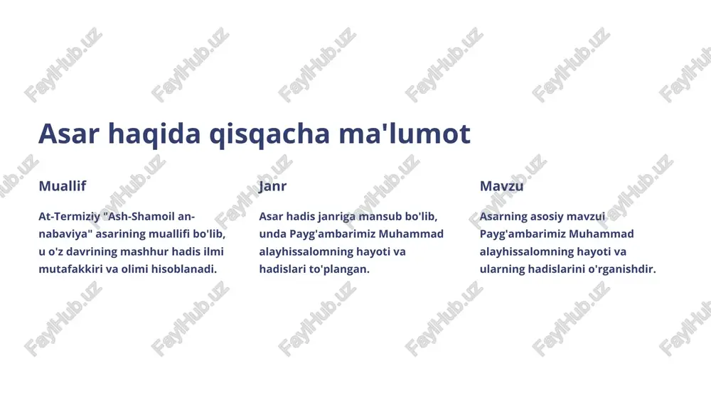 tarbiyasi asar islom axloqi va tarbiyasi haqida ham qimmatli ma'lumotlar beradi. haqiqat, iymon, to'g'rilik, halollik, mehribonlik, sabr, shukr, va boshqa ijobiy fazilatlarni ta'kidlaydi. 5 asar qahramonlari asar qahramonlari - bu payg'ambarimiz muhammad (s.a.v.)ning sahobalari va ularning oilalari a'zolari. qahramonlar orqali asarda islom dinining asl mohiyati va muhammad (s.a.v.)ning hayot yo'li namoyish etiladi. asar qahramonlari orqali tarixning muhim davri - islom dinining paydo bo'lish davri tasvirlanadi. 6 asardagi tasvirlar kitob tasviri asar hikoyasini jonlantirish uchun yozuvchi kitobni tasvirlashga alohida e'tibor qaratgan. kitobning qadimiyligi, qalam va siyoh bilan bezatilganligi o'quvchini asar vaqtiga olib boradi. o'sha davr hayoti kitob o'z davri hayoti, odamlarning turmush tarzi, kiyinish uslublari haqida boy tasvirlar beradi. bu tasvirlar o'quvchiga o'sha davrga tushuncha beradi. tabiat go'zalligini tasvirlash yozuvchi tabiatning go'zalligini juda chiroyli so'zlar bilan tasvirlaydi. bu tasvirlar o'quvchida estetik zavq uyg'otadi va asarni yanada jozibador qiladi. 7 asardagi adabiy vositalar 1 metafora at-termiziy asarida voqealarni yorqinroq va ta'sirli qilib …