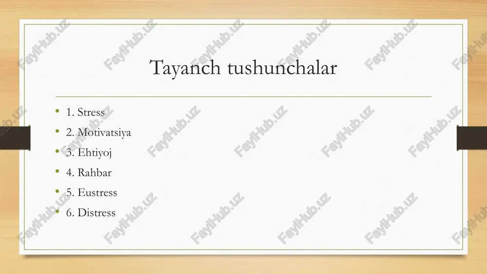 iladi. 5. stressga qarshi choralar ish joyida dam olish imkoniyatlari: masalan, qisqa tanaffuslar, jismoniy mashqlar, yoga, meditatsiya mashg‘ulotlari. trening va psixologik yordam: stressni boshqarish bo‘yicha treninglar yoki mutaxassis yordami 6. sog‘lom jamoaviy muhit konfliktlarni hal qilish: mojarolarni o‘z vaqtida va adolatli hal qilish stressni kamaytiradi. jamoa ruhini oshirish: hamkorlikdagi faoliyatlar va norasmiy tadbirlar xodimlar o‘rtasida ishonchni kuchaytiradi. xodimlarning stress darajasi va rahbar sifatida unga qanday ta'sir qilish mumkin anglab yetish stress belgilarini aniqlash va tan olish muloqot ochiq suhbatlar orqali muammolarni aniqlash yordam amaliy yechimlar taklif etish va qo'llab-quvvatlash rahbarlar xodimlarning stress darajasiga bevosita ta'sir ko'rsatishi mumkin. jamoangizda stress belgilarini erta aniqlash muhim bo'lib, bu o'z vaqtida aralashish imkonini beradi. xodimlar bilan ochiq muloqot qilish ularning tashvishlarini tushunish va zarur choralarni ko'rish uchun asos yaratadi. 10 stressning sabablari ish yuklamasi haddan tashqari ko'p vazifalar va yetarli bo'lmagan resurslar xodimlarda doimiy bosim hissini keltirib chiqaradi va tezda charchashga olib keladi. vaqt …