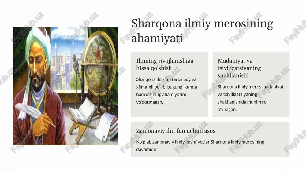 r harakati u yulduzlar va sayyoralarning harakatini kuzatdi va ularning traektoriyalarini hisoblab chiqdi. astronomik jadvallarni yaratish al-farg'oniy o'z davriga ko'ra eng to'g'ri astronomik jadvallarni yaratdi. quyosh va oyning harakati u quyosh va oyning harakatini aniqlash bo'yicha o'z tadqiqotlarini olib bordi. 5 jahon ilm-faniga qo'shgan hissasi 1 astronomik jadvallar ahmad al-farg'oniy yaratgan astronomik jadvallar, o'sha davrda ilmiy bilimlarni tarqatishda muhim rol o'ynagan. ular o'sha davrda astronomiya va astrologiya bo'yicha o'qituvchilar va talabalar uchun asosiy manba bo'lib xizmat qilgan. 2 ilmiy mulohazalar uning astronomik kuzatishlari va ilmiy mulohazalari, keyingi avlod olimlarining ilmiy ishlarini rivojlantirishga turtki bo'lgan. 3 ilmiy ta'lim ahmad al-farg'oniy o'z davrida ilmiy ta'limni rivojlantirishga katta hissa qo'shgan. uning asarlari va ma'ruzalari, ko'plab talabalar uchun ilhom manbai bo'lib xizmat qilgan. 6 matematika, geografiya va boshqa sohalar matematik hisob-kitoblar ahmad al-farg'oniy matematik hisob-kitoblarda chuqur bilimga ega edi. u astronomik hodisalarni hisoblashda murakkab matematik formulalarni qo'llagan. uning asarlarida geometriya, algebra va trigonometriya tushunchalari …