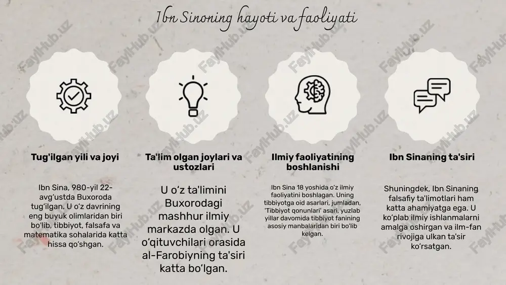 ahamiyatga ega. tibbiyot qonunlari "kitob al-shifa" asarida ibn sino bilimlarni tizimlashtirgan va mantiqiy fikrlash usullarini kiritgan. ushbu asar, falsafa, tibbiyot va tabiiy fanlarni o'z ichiga oladi. ibn sino asarlaridagi asosiy g'oya, ilm-fan va amaliyot o'rtasidagi bog'lanishni ta'minlashdir. shuningdek, tarjima va sharhlar orqali uning asarlarini o'rganish, butun dunyo bo'ylab tibbiy bilimlarni tarqatishda muhim rol o'ynagan. kitob al-shifa va uning ta'siri o'rta asr ilm-faniga ta'siri zamonaviy tibbiyot va falsafa sohalarida yoritilishi ibn sinonning merosi bo'yicha zamonaviy tadqiqotlar ibn sinoning ta'lim tizimidagi o'rni ibn sinoning ilmiy merosi o'rta asr ilm-faniga ta'siri zamonaviy tadqiqotlar ta'limdagi roli ibn sinoning merosining ahamiyati ibn sinoning zamondoshlariga ta'siri ibn sinoning zamondoshlariga ta'siri, uning ilmiy ishlaridan va o'z zamonasidagi olimlar bilan aloqalaridan kelib chiqadi. u ko‘plab zamondosh olimlar bilan fikr almashgan va ularning ilmiy faoliyatlariga ta'sir ko‘rsatgan. boshqa olimlar bilan aloqalari ibn sino o‘z zamonasidagi ko‘plab olimlar, jumladan, al-farabi va al-rozi bilan muloqotda bo‘lgan. ularning ishlaridan foydalangan holda, o'z …