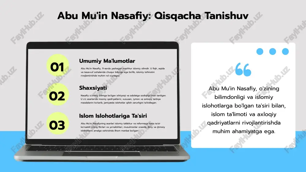 u shuningdek, ijtimoiy hayot va axloqiy qadriyatlarni yorituvchi ko'plab she'rlar yozgan. 4. nasafiy asarlari nafaqat o'z davri, balki hozirgi kunda ham ilm-fan va adabiyot sohalarida muhim ahamiyatga ega. photo by austin distel on unsplash islom islohotlariga ta'siri abu mu'in nasafiy, islom islohotlari tarixida muhim figura bo'lib, u 11-asrda yashagan. u o'zining ta'limotlari bilan fiqh va aqida sohalarida ko'plab islohotlarni amalga oshirgan. nasafiyning asarlari, xususan, 'usul al-din' va 'al-mabsut' kabi ilmiy ishlanmalari, o'z davrida musulmon jamiyatida diniy va ijtimoiy islohotlarga olib kelgan. u shuningdek, o'zining ilmiy yondashuvi orqali, musulmonlar orasida tafakkur va ijtimoiy adolatni targ'ib qilgan, bu esa islomning kelajakdagi rivojlanishiga katta ta'sir ko'rsatgan. merosi va zamonaviy ahmiyati 1-qadam: nasafiy merosi nasafiy va uning asarlari abu mu'in nasafiy o'z zamonida juda ko'p ilmiy asarlarni yaratgan. uning asarlari o'zbek tilidagi falsafa, mantiq va boshqa fanlar uchun muhim manbalar hisoblanadi. 2-qadam: zamonaviy ahamiyati nasafiy merosining bugungi ahamiyati bugungi kunda nasafiy merosi ko'plab ilmiy …