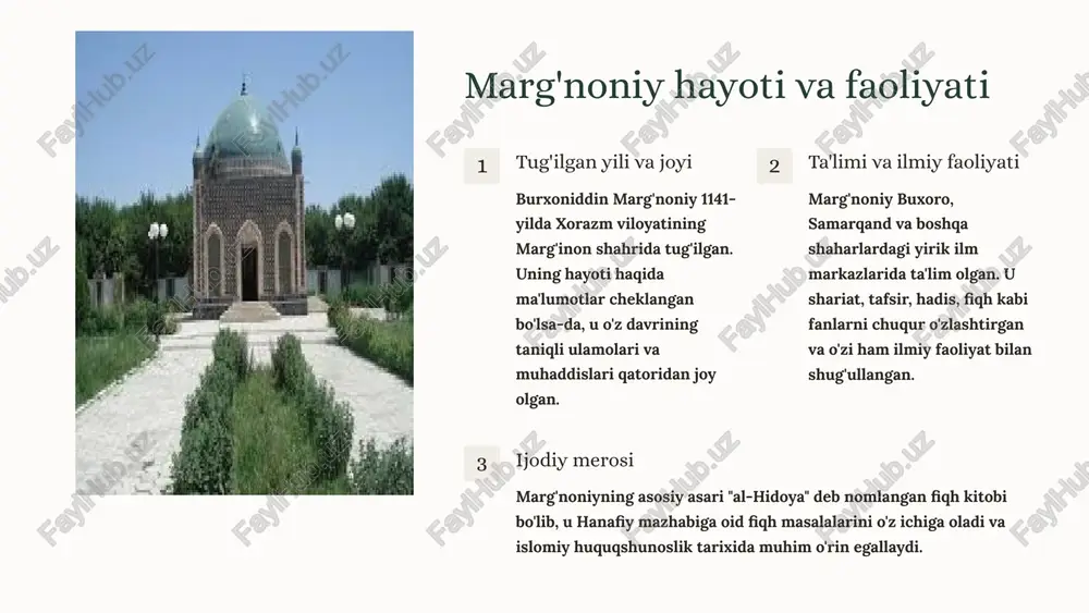 "al-hidoya"da ijtimoiy adolat va tenglik masalalari muhim o'rin egallaydi. marg'noniy adolatsizlarni himoya qilish, kambag'allarga yordam berish, yetim-yesirlarning huquqlarini himoya qilishga alohida e'tibor beradi. huquqiy muammolar asarda turli huquqiy masalalar, masalan, meros, nikoh, taloq, qarz, jinoyatlar, va hokazolarga oid muammolar va ularning yechimlari ko'rib chiqiladi. marg'noniy qonunlarni to'g'ri talqin qilish va ularni haqiqatda qo'llashga e'tibor qaratadi. islom taqlidosi asarda islomiy taqlid va mujtahidlarning fikrlariga oid muammolar muhokama qilinadi. marg'noniy taqlid qilishning shartlarini belgilaydi va mujtahidlarning fikrlarini tanlashda qo'llaniladigan mezonlarni ko'rsatib beradi. 4 asardagi islomiy-huquqiy konsepsiyalar fiqh va shar'iyat "al-hidoya" asari islomiy huquqning muhim qoidalari va konsepsiyalarini o'z ichiga oladi. marg'noniy fiqhning turli mazhablari, xususan hanafiy mazhabiga oid muhim masalalarni chuqur tahlil qiladi. uning asari islomiy huquqning asosiy manbalari, ya'ni qur'oni karim va sunnatni chuqur tushunishga yordam beradi. ibodat va a'mol asarda ibodat va a'molga oid muhim qoidalar va tavsiyalar bayon etiladi. marg'noniy namoz, ro'za, zakot, haj kabi ibodatlarning bajarilish shartlari va …
