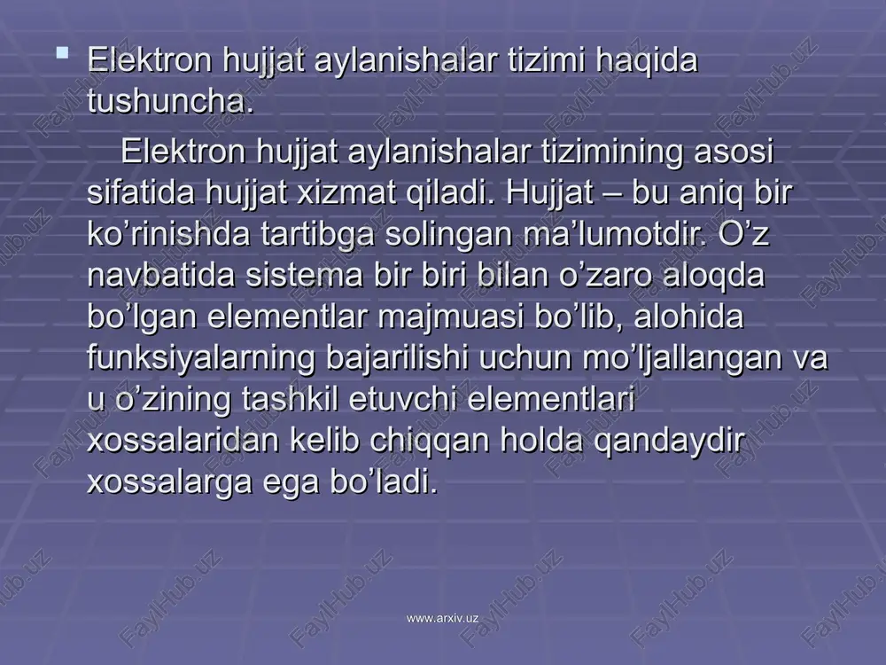 natilganda oluvchiga bir necha minutlar ichida yetib boradi. ammo bu muammolarni hal qilish boshqa juda ham muhim bo’lgan muammoni keltirib chiqaradi – bu elektron hujjat jo’natilayotgan ma’lumotlarni himoya qilish bilan bog’liqdir. www.arxiv.uz www.arxiv.uz chunki ma’lumotlar va hujjatlar elektron usulda uzatilganda uni boshqalar ham olishi va o’z g’arazli maqsadlarida foydalanishlari mumkin. elektron hujjatga, ularning xaqiqiyligini tasdiqlash uchun oddiy qog’oz hujjatlardan farqli o’laroq, pechat va imzo qo’yish mumki emas. shuning uchun bu vazifani elekron hujjatlarda elektron raqamli imzo bajardi. uning nima ekanligini ham keyingi bo’limlarda ko’rib chiqamiz. www.arxiv.uz www.arxiv.uz elektron hujjat aylanishalar tizimlarining asosiy hususiyatlari ilm-fanda , texnikada, ishlab chiqarishda va biznesda informatsion oqimlarning juda tezlik bilan ko’payib ketishi informatsion texnologiyalar tomonidan ham kerakli chora tadbirlar ko’rishni talab qiladi. jamiyat uchun juda ko’p miqdorda qog’ozning ishlatilishi juda ham qimmatga tushadi, undan tashqari bu qog’ozlarni saqlash, ulardan kerakli ma’lumotlarni qidirish yoki o’zlashtirsh murakkab masaladir. shuning uchun ham hujjatlarni elektron ko’rinishda yozish, saqlash hamda …