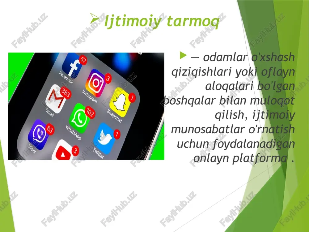 vjud. shu maqsadda ijtimoiy tarmoqlarda kerakli adabiyotlar, foto va video materiallarga havolalar mavjud ; muammoli masalalarni guruhning boshqa a'zolari bilan muhokama qilishingiz mumkin . ijtimoiy tarmoqlar biznesni rivojlantirish uchun platformadir . bu yerda siz onlayn do'koningizni, veb-dizayn studiyangizni yoki rok maktabingizni reklama qilishingiz mumkin. reklama ma'lum bir auditoriyaga mo'ljallangan bo'lishi mumkin va sizning biznesingiz siz taqdim etayotgan mahsulot yoki xizmatlarga qiziqish bildirishi mumkin bo'lgan odamlar e'tiboriga havola etilishi mumkin. bu yerda siz yangi mijozlarni topishingiz va doimiy mijozlarning sodiqligini oshirishingiz mumkin. ijtimoiy tarmoqlar katta hajmdagi ma'lumotlardan foydalanish, rivojlanish, takomillashtirish va pul ishlash imkoniyatini berdi ijtimoiy tarmoqlarning salbiy tomonlari ko'ngilochar, yuzaki va ko'pincha keraksiz axlat ma'lumotlarining ko'pligi tufayli ijtimoiy tarmoqlarda o'tkaziladigan vaqt sezilarli darajada oshadi. bunday o'yin-kulgi bizning sog'lig'imizga salbiy ta'sir ko'rsatishi mumkin, chunki katta miqdordagi ma'lumotlar ko'pincha asab tizimini charchatadi va zo'riqtiradi. gormonal darajalar ham internetga qaramlik natijasida o'zgarishi mumkin. masalan, ijtimoiy tarmoqlarni tekshirishda empatiya hissi uchun javob beradigan oksitotsin …