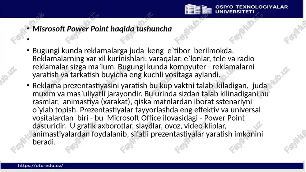, biznez reja va hokazolar bo`lishi mumkin. har bir prezentastiya bir necha slayddan tashkil topgan bo`lishi mumkin. misrosoft power point - universal, imkoniyatlari keng bo`lgan, ko`rgazmali grafika amaliy dasturlari sirasiga kiradi va matn, rasm, chizma, grafiklar, animastiya effektlari, ovoz, videorolik va boshkalardan tashkil topgan slaydlarni yaratish imkonini beradi. power point dasturi misrosoft firmasining prezentastiyalar (takdimot qilish, ya`ni tanishtirish) bilan ishlash uchun eng qulay bo`lgan dasturiy vositalardan biridir. bu dastur orqali barcha ko`rgazmali qurollarni yaratish va ba`zi joylarda esa ma`lumotlar bazasi sifatida xam qo`llash mumkin. ayrim hollarda bu dasturdan multimedia vositalarini boshqarish va ularni ko`llab, namoyish etuvchi qurilmalarga yuborish vazifalarini xam bajarish mumkin. dasturdagi asosiy tushunchalar bu - slayd va prezentastuya tushunchalaridir. power point dasturi misrosoft firmasining prezentastiyalar (takdimot qilish, ya`ni tanishtirish) bilan ishlash uchun eng qulay bo`lgan dasturiy vositalardan biridir. bu dastur orqali barcha ko`rgazmali qurollarni yaratish va ba`zi joylarda esa ma`lumotlar bazasi sifatida xam qo`llash mumkin. ayrim hollarda bu …
