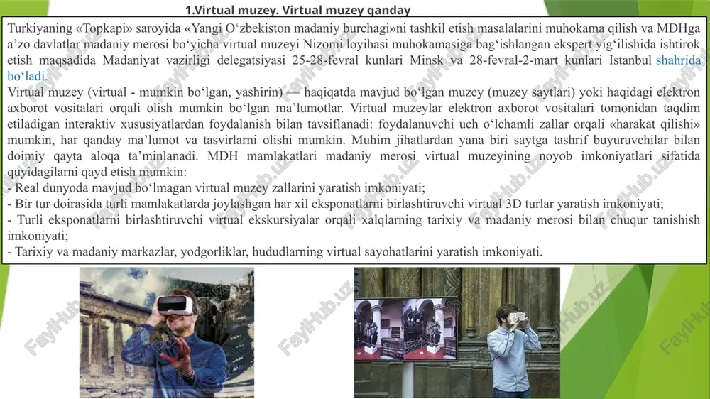 buning uchun olimlar yettita muzeydagi 70 ta eksponatni raqamli qayta ishlashdi. mutaxassislar markaziy osiyo davlatlari hamkasblari bilan hamkorlik qilishni rejalashtirmoqda. ekspertlarning so‘zlariga ko‘ra, buyuk oltoy hududida turkiy davrga oid yuzlab yodgorliklar jamlangan. xix asrdan boshlab olimlar markaziy osiyoning ko‘p asrlik tarixi va madaniy ildizlari bilan bog‘liq bo‘lgan davlatlarida arxeologik qazishmalar olib bormoqda. "qazishmalar materiallari dunyoning ko‘plab muzeylarida jamlangan. bu turkiy dunyoning qadimiy yodgorliklariga oid noyob kolleksiyalarga ega o‘nlab yirik tashkilotlar. shu sababli mutaxassislarga turklar madaniyati yagona kompleksda eksponatlar bilan tanishish va taqdimot qilish murakkab. loyihamizning vazifasi - bu muammoni hal qilish”, - dedi oltoy arxeologiya va etnografiya muzeyi direktori, “buyuk oltoy” virtual muzeyi asoschisi yaroslav frolov. ekspertlarning fikriga qaraganda, virtual muzeylar maktabdagi tarix darslari, oliygohlardagi ma’ruzalar uchun ajoyib qo‘shimcha material bo‘lishi mumkin, shuningdek, olimlar va markaziy osiyo tarixini yaxshi ko‘radiganlar uchun ham qiziqarli bo‘ladi. "dunyodagi eng yirik muzeylarga hamma ham tashrif buyurish imkoniyatiga ega emas, shuning uchun virtual muzeylar yaratish …