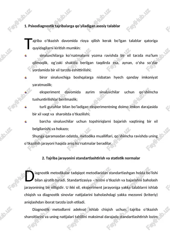 ent)larni standartlashtirish jarayoni o’tkaziladigan tadqiqotning shart-sharoitlari, ko’rsatmalari, blankalari, qayd qilish usullarini bir xil shakldagiligini anglatadi. metodikalarni standartlashtirishning yana bir muhim bosqichi diagnostik tadqiqot natijalarini taqqoslash imkoniyatini beradigan mezonlarni tanlashdan iborat bo’ladi. (chunki diagnostik metodikalarning muvaffaqiyatli yoki muvaffaqiyatsiz bajarishishi uchun, oldindan tayyorlangan standartlari mavjud emas.) umuman olganda, diagnostik metodikalarning normaga asoslangan holda standartlashtirilishi – bu metodika mo’ljallangan guruhdan farqlanmaydigan boshqa kattaroq sinaluvchilar ishtirokida amalga oshirilishidir. saralangan standartlashtirishda sinaluvchilar guruhi uchun maxsus normalar ishlab chiqiladi. bunda aniqlanishi lozim bo’lgan xususiyat berilgan topshiriqning nafaqat o’rta, balki undan kam yoki ko’p jihatli bosqichlarida ham o’rganiladi. natijada, diagnostik tajribani muvaffaqiyatli va muvaffaqiyatsiz bajarilishining turli bosqichlarini baholash mumkin bo’ladi. bu esa, sinaluvchining saralangan standartlashtirishga nisbatan psixik holatini aniqlash imkoniyatini beradi (a.anastazi, 1982). jumladan, stenford-bine testi uchun statistik norma 2,5 yoshdan 18 yoshgacha bo’lgan (4498 kishidan tashkil topgan) sinaluvchilardan iborat saralashda aniqlangan edi. natijada, matematik-statistika asosida bajarilgan murakkab ish yordamida, aqliy rivojlanish yoshning norma va chegaralari aniqlangan. …